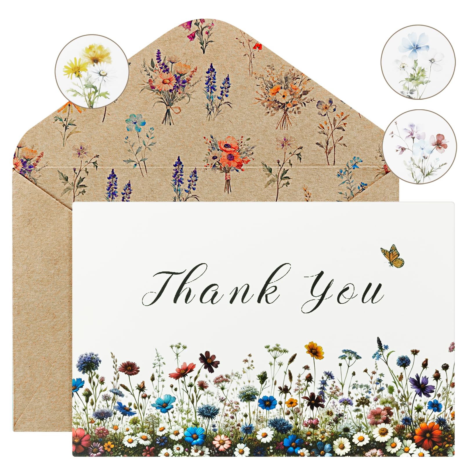Vnaaem 72 Pcs Wildflower Thank You Cards Bulk - Midsummer Flower Butterfly Greeting Cards with Kraft Envelope Sticker for Wedding Baby Shower Bridal Shower Graduation Small Business(4x6 Inches)