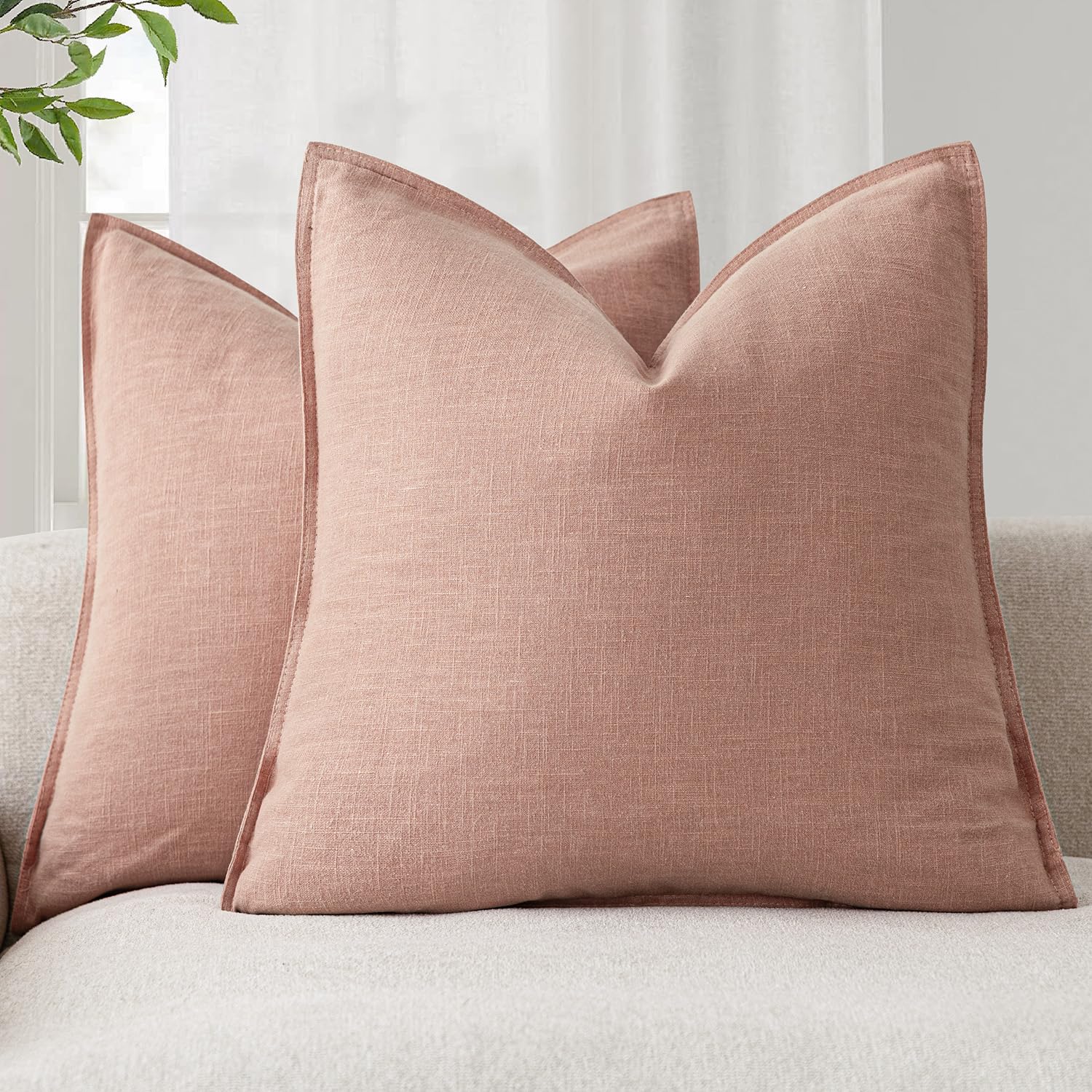 Foindtower Pack of 2, Decorative Linen Soild Throw Pillow Covers Soft Accent Euro Cushion Case Farmhouse Neutral Pillowcase for Chair Couch Sofa Bedroom Living Room Home Decor 20 x 20 Inch Coral Pink — image 1