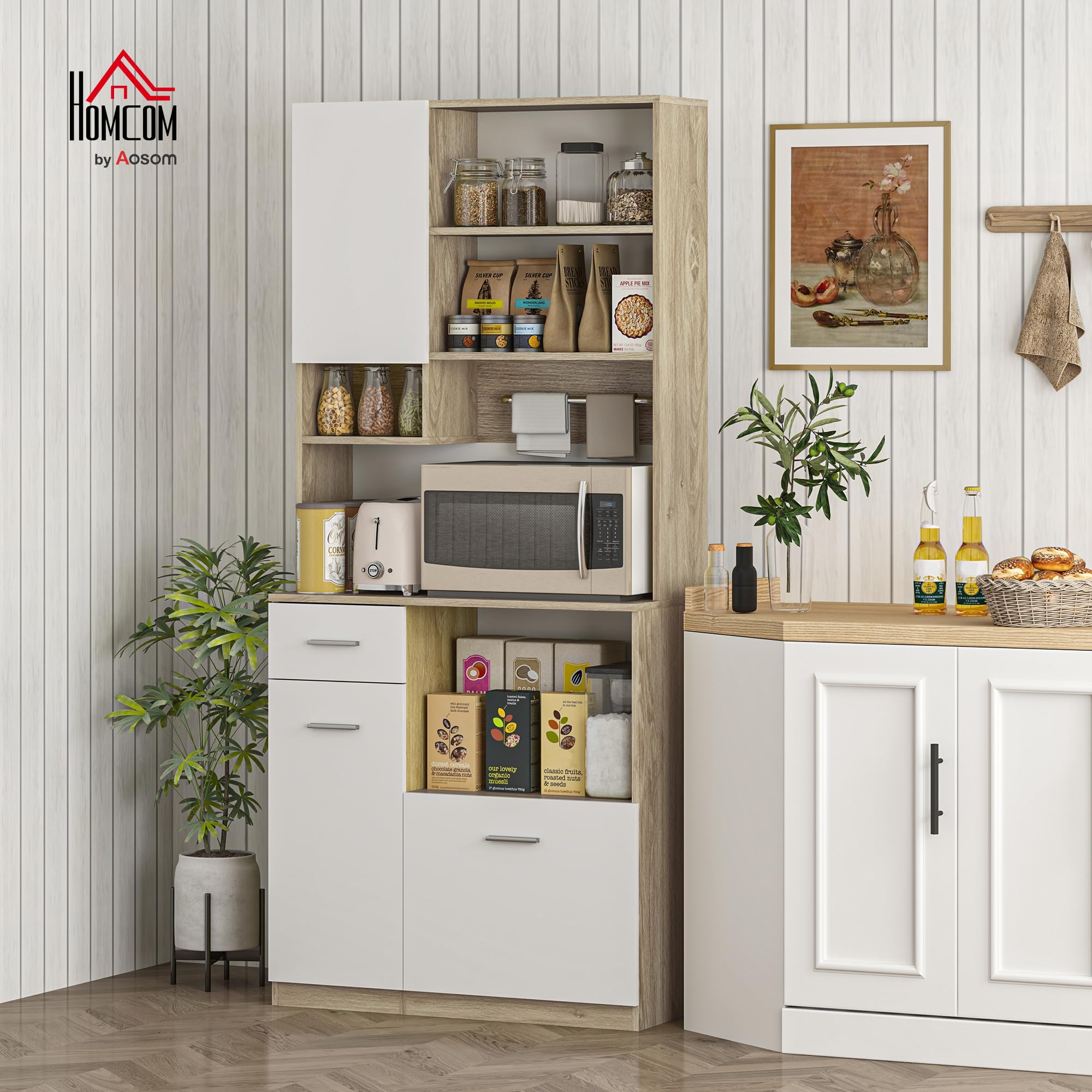 HOMCOM Credenza Cucina Alta con Cassetto, 3 Armadietti e 4 Scomparti Aperti, Mobile Dispensa con Ripiano Regolabile in Truciolato, per Soggiorno e Cucina, 80x35x180 cm, Bianco e Rovere