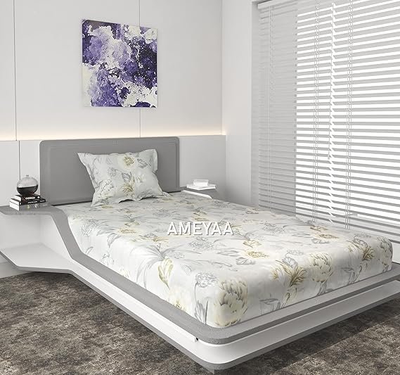 AMEYAA Printed Elastic Fitted Single Bedsheets with 1 Pillow Cover - Size 36 x 78 (Beige Flower)