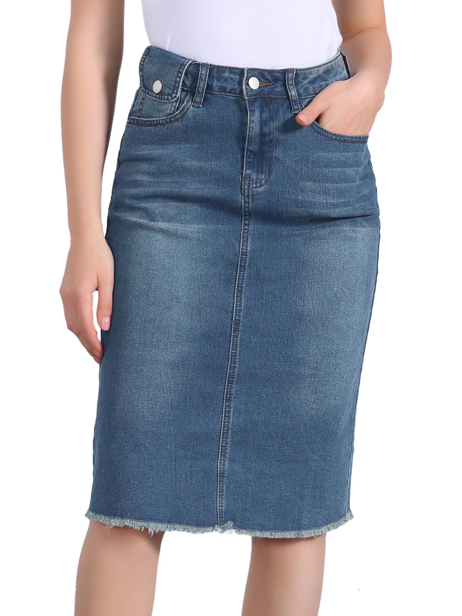 Allegra K Back Slit Raw Hem High Waist Denim Skirt