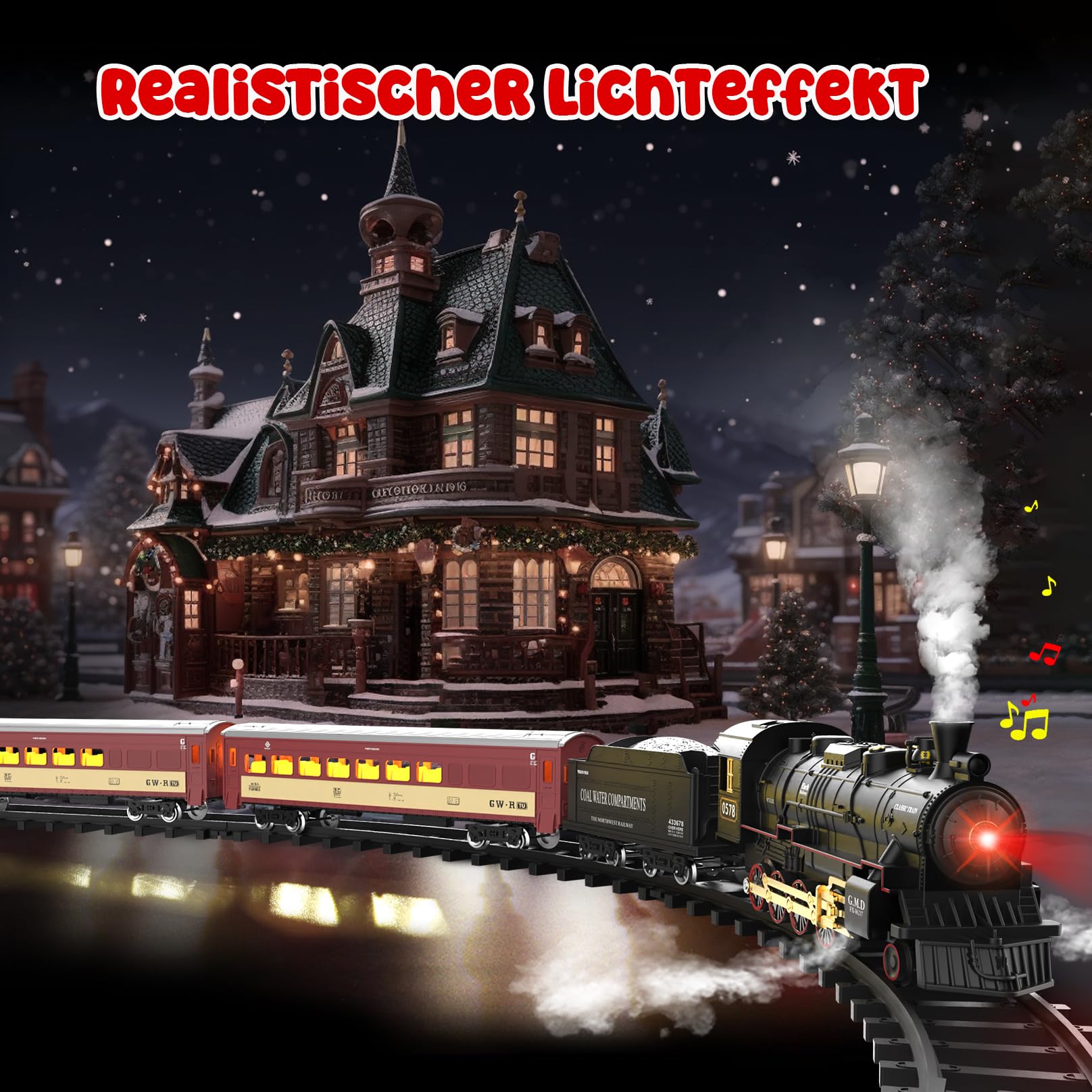 Hot Bee Elektrisch Weihnachtszug, Fernbedienung Dampflok Kinder mit Licht, Sound & Dampf, Strecken, Kinder & Erwachsene, Zug Spielzeug
