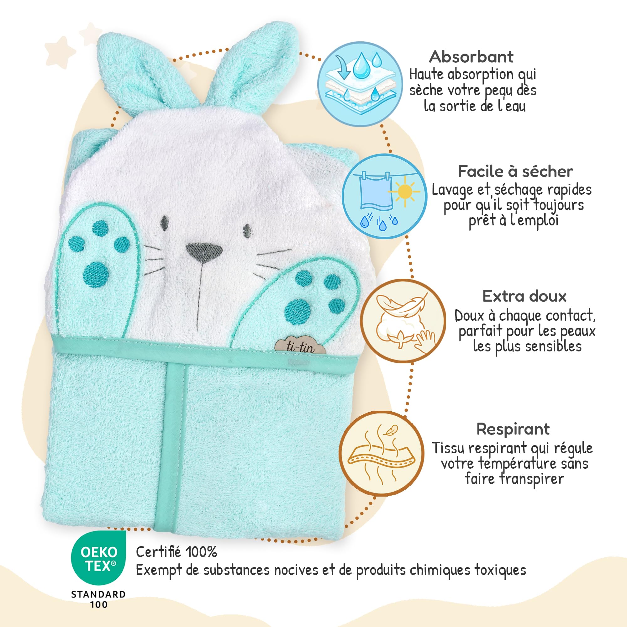 Ti Tin Peignoir à capuche pour enfant 100% coton doux et absorbant Taille bébé de 6 à 18 mois