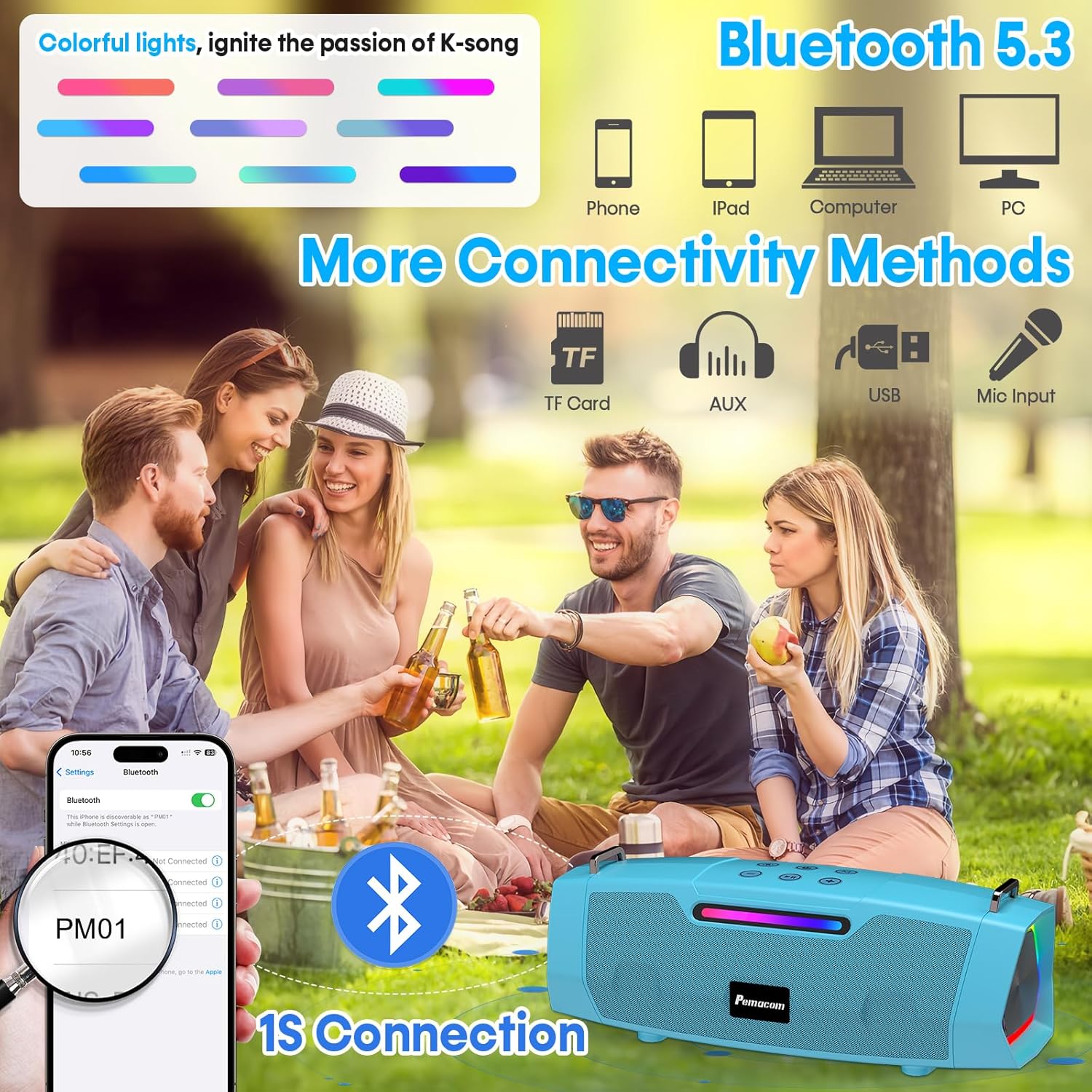 Karaoke Machine with 60W Powerful Sound - Portable Karaoke System with 2 Wireless Microphones, Bluetooth 5.3, Long Battery Life for Outdoor & Family Party, Ideal for Young Man,Teenagers, Boys - Blue - Image 6