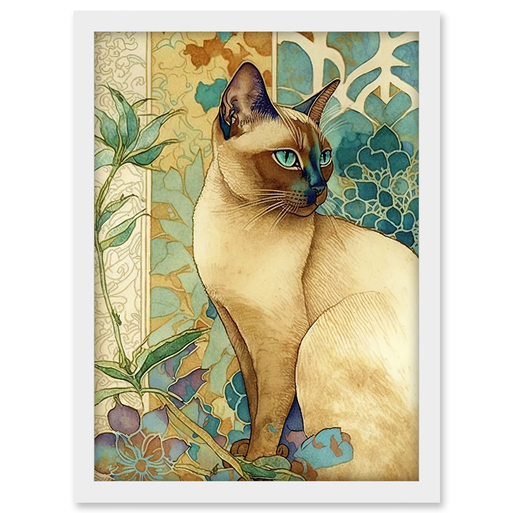 Artery8 Tonkinese Cat with Art Nouveau Botanical Patterns Colourful Watercolour Illustration Artwork Framed A3 Wall Art Print