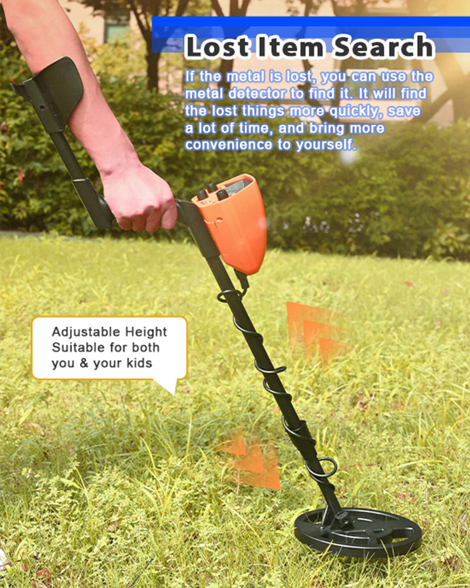 Détecteurs de Métaux Haute Précision Hauteur Réglable 78-108cm, Professionnel Détecteurs de Métaux Bobine de Recherche Étanche de20 cm Profondeur Maximale 25 cm avec pour Enfants et Adultes