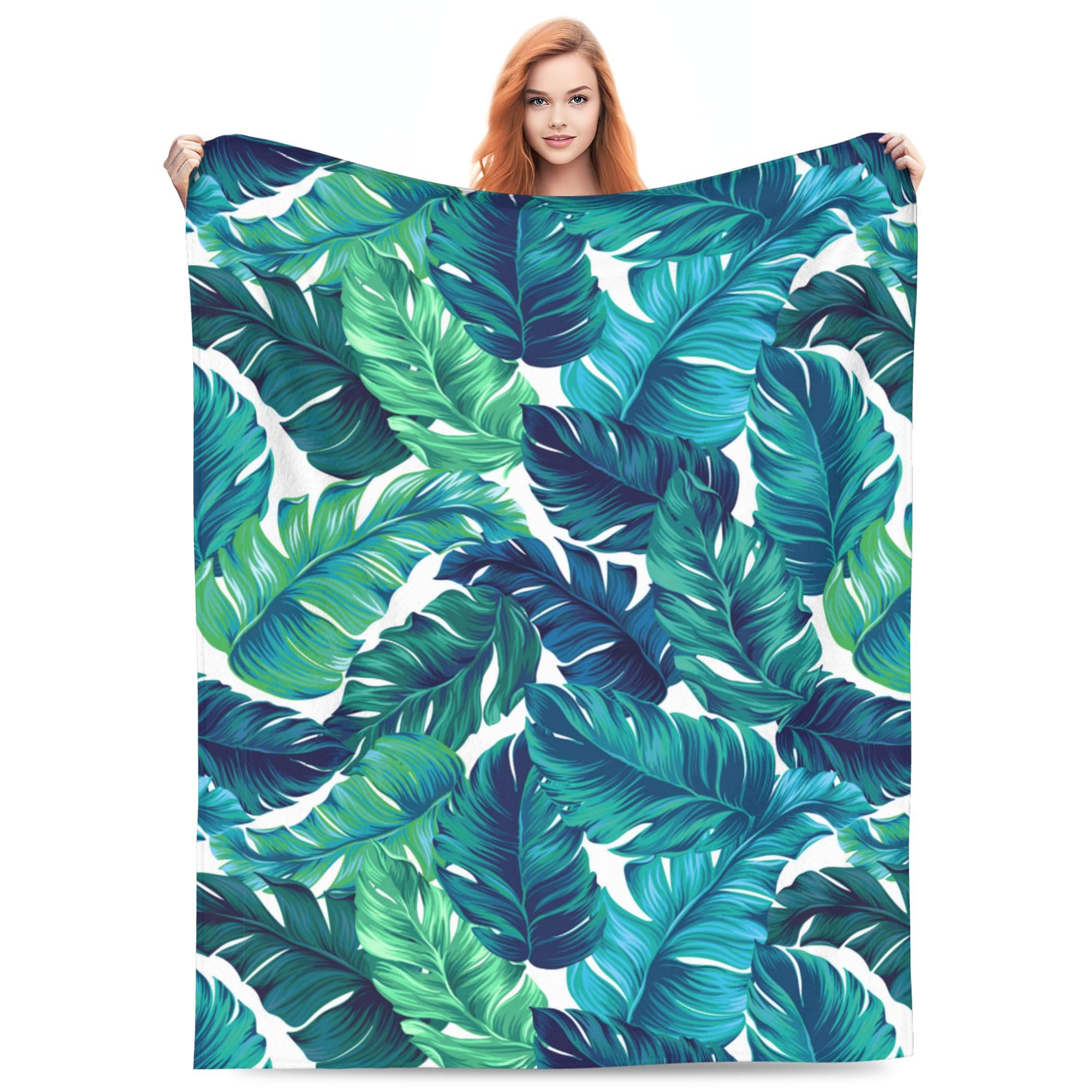 Turquoise Teal Palm Tree Leaf Tropical Hawaii Beach Full Fleece Throw Cloak Wearable Blanket Flannel Comforter Quilt Bedding Plush Soft Cozy