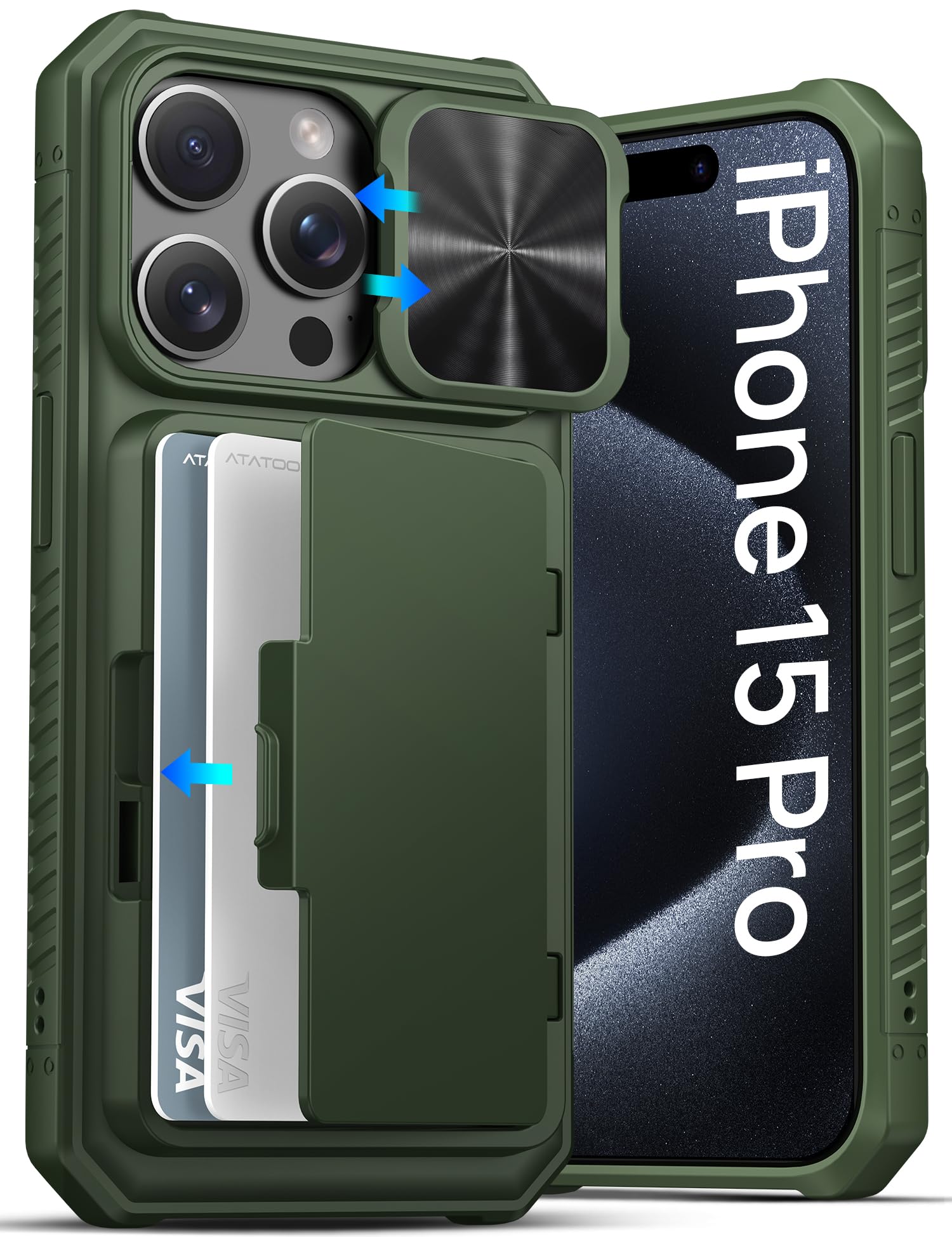 ATATOO for iPhone 15 Pro Wallet Case, Built-in Card Holder (3-5 Cards) & Slide Camera Cover, Military Grade Protection, Rugged Shockproof Phone Case