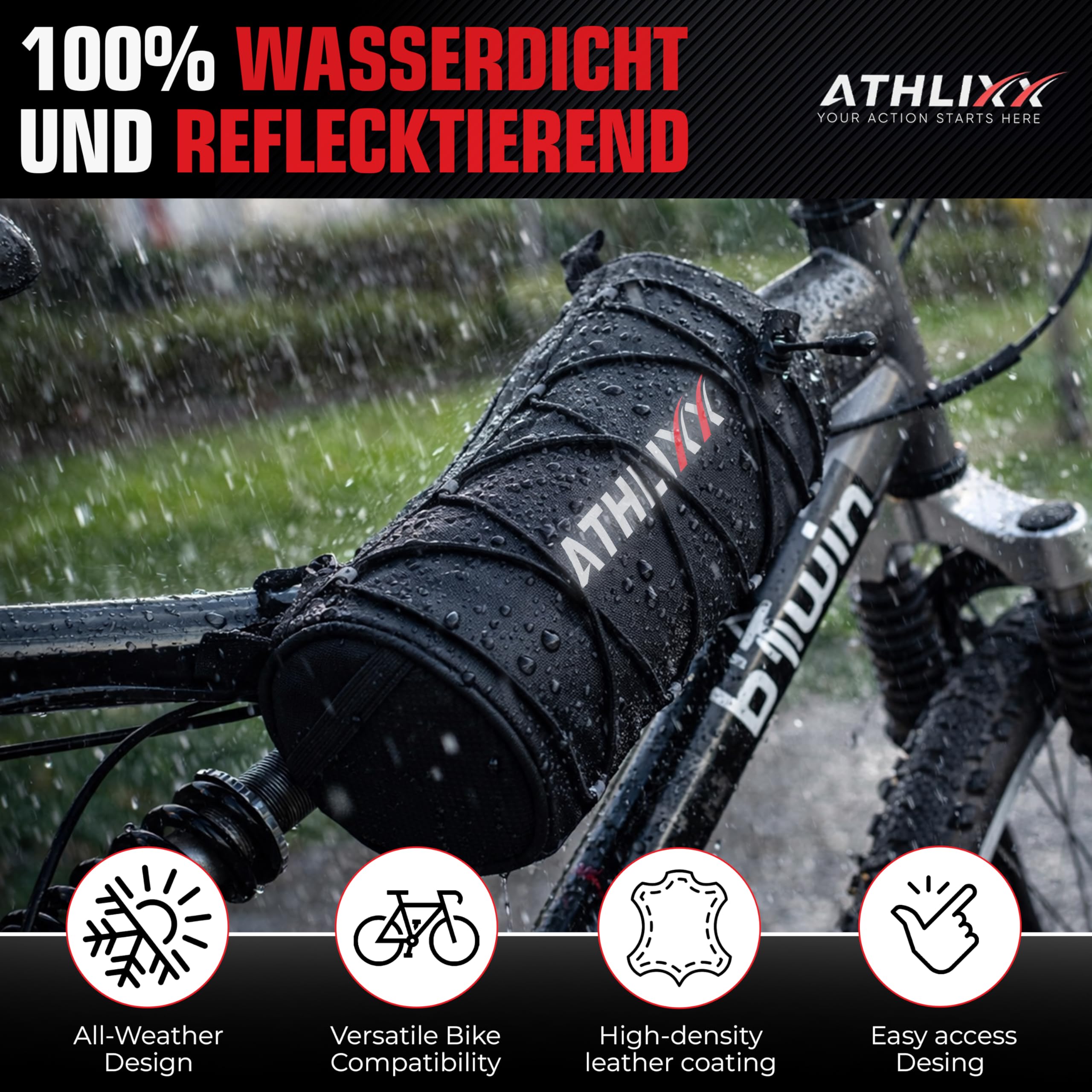 Fahrradtasche 2,4L – wasserdichte Lenkertasche/Rahmentasche – 240×100 mm – 3 Straps, Handstrap & Schultergurt – für Rennrad, MTB, Gravel, E-Bike – Schwarz