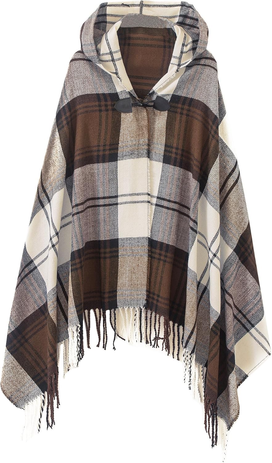 Women's Vintage Plaid Knitted Tassel Poncho Shawl Cape Button Cardigan