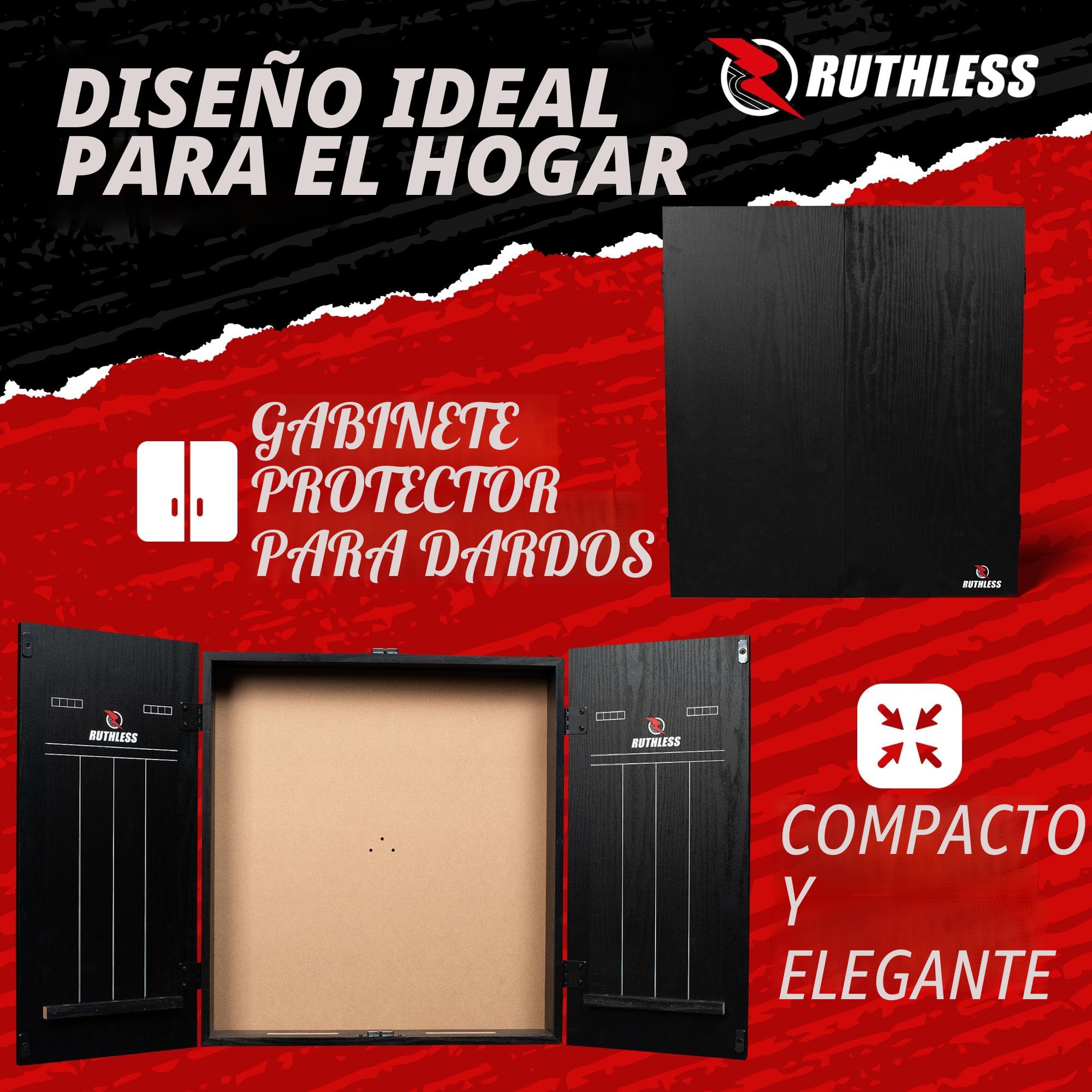 Ruthless Centro de dardos para el hogar, opciones de luz LED, centro de tablero de dardos para el hogar, incluye gabinete, diana y 2 juegos de dardos (USB)