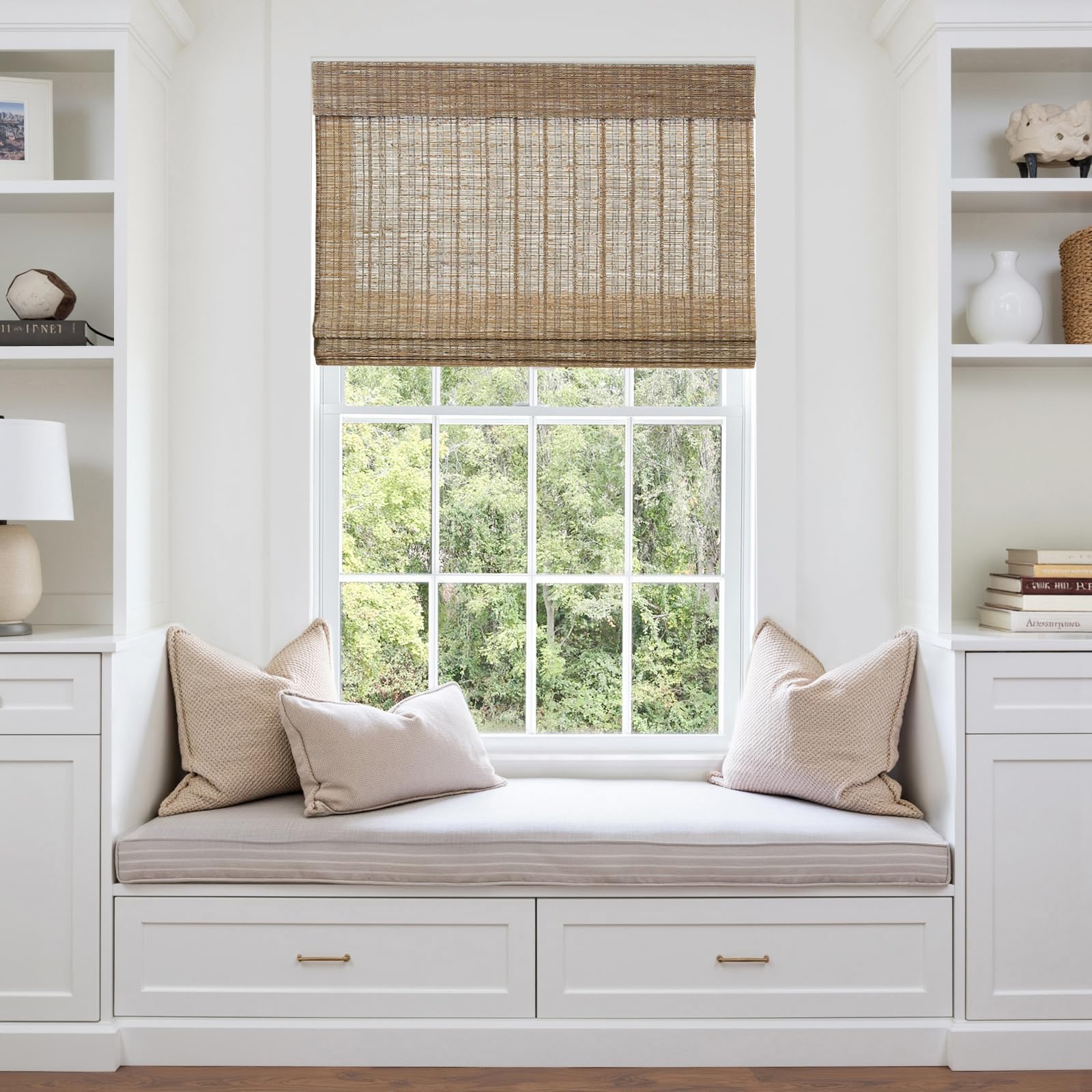 TWOPAGES Cordless Roman Shade for Door Window, Customized Natural Jute Woven Roman Shade Window Treatment, Light Filtering Blinds for Indoor Windows, Cinnamon