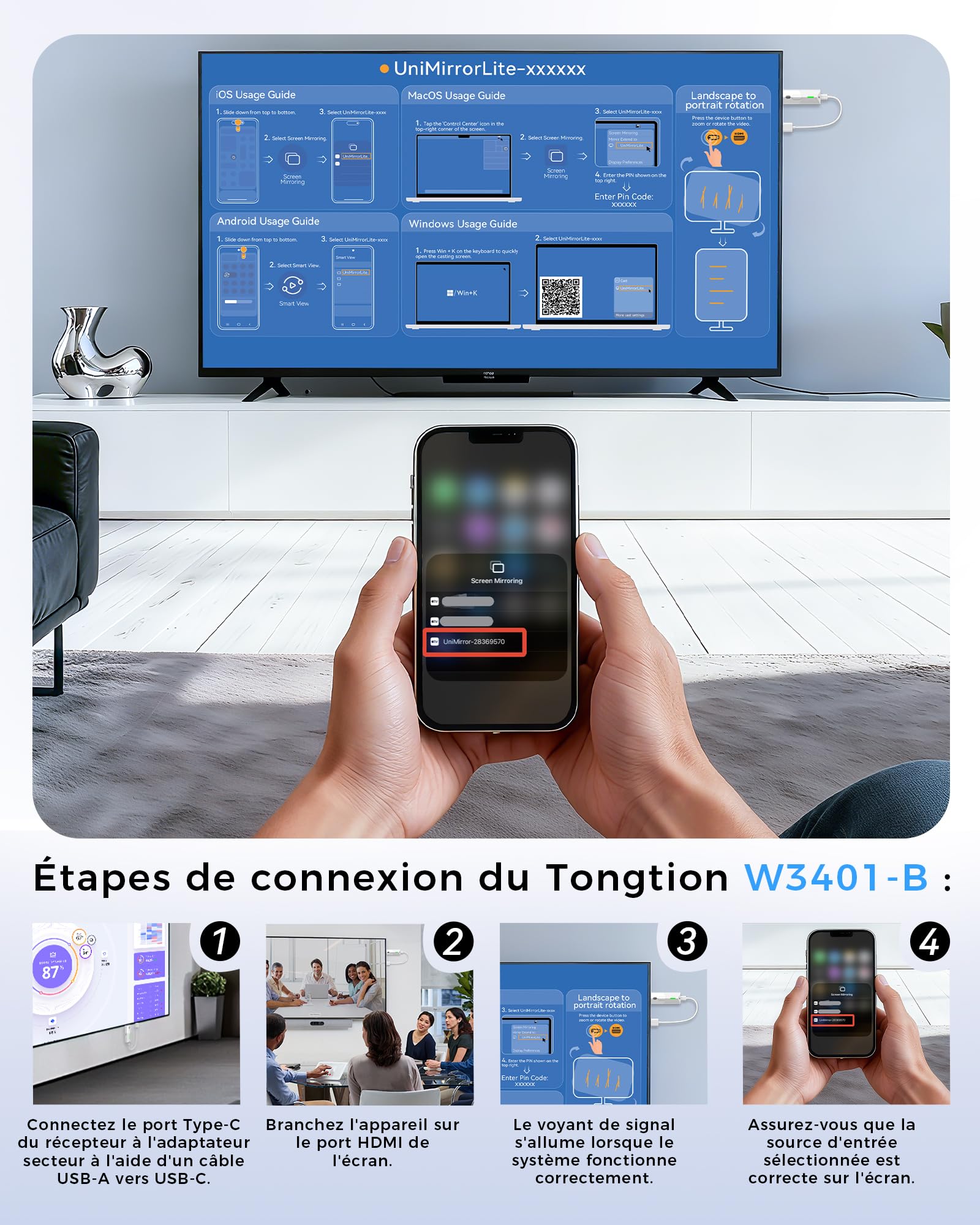 Adaptateur sans Fil HDMI 1080P@60Hz, 5GHz AirPlay/Miracast pour TV/projecteur (Compatible avec Smartphone, Tablette, PC/Mac)