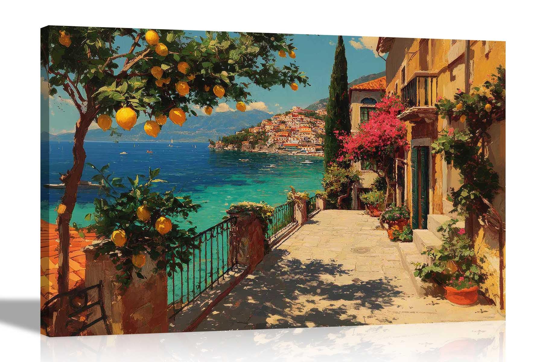 Artley Prints Mediterranean Coast Lemon Tree - Mediterranean Coast Landscape Lemon Tree Canvas Prints For Living Room Bedroom Hallway Decor Pictures Large 86 X 61Cm (34 X 24 Inches) A1