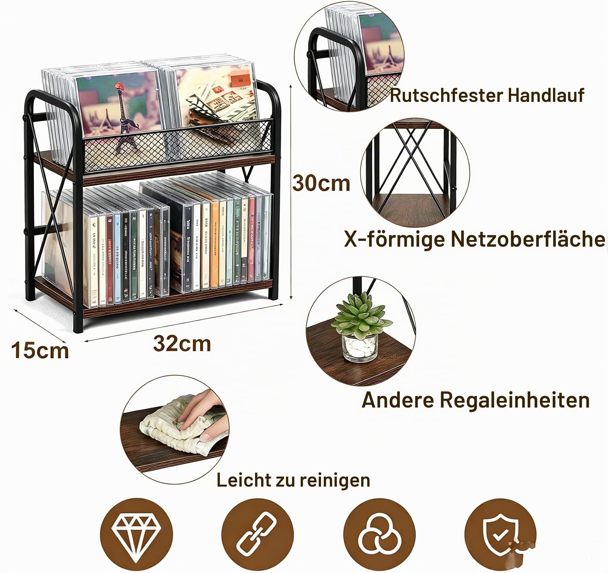 CD Ständer 2 Ebenen CD-/DVD Organizer Holz,CD Regal Aufbewahrung | Aufbewahrung CD DVD Regal, Kosmetik Organizer, Für Sammler und Spieler,32x30x15cm,Industrie Stil