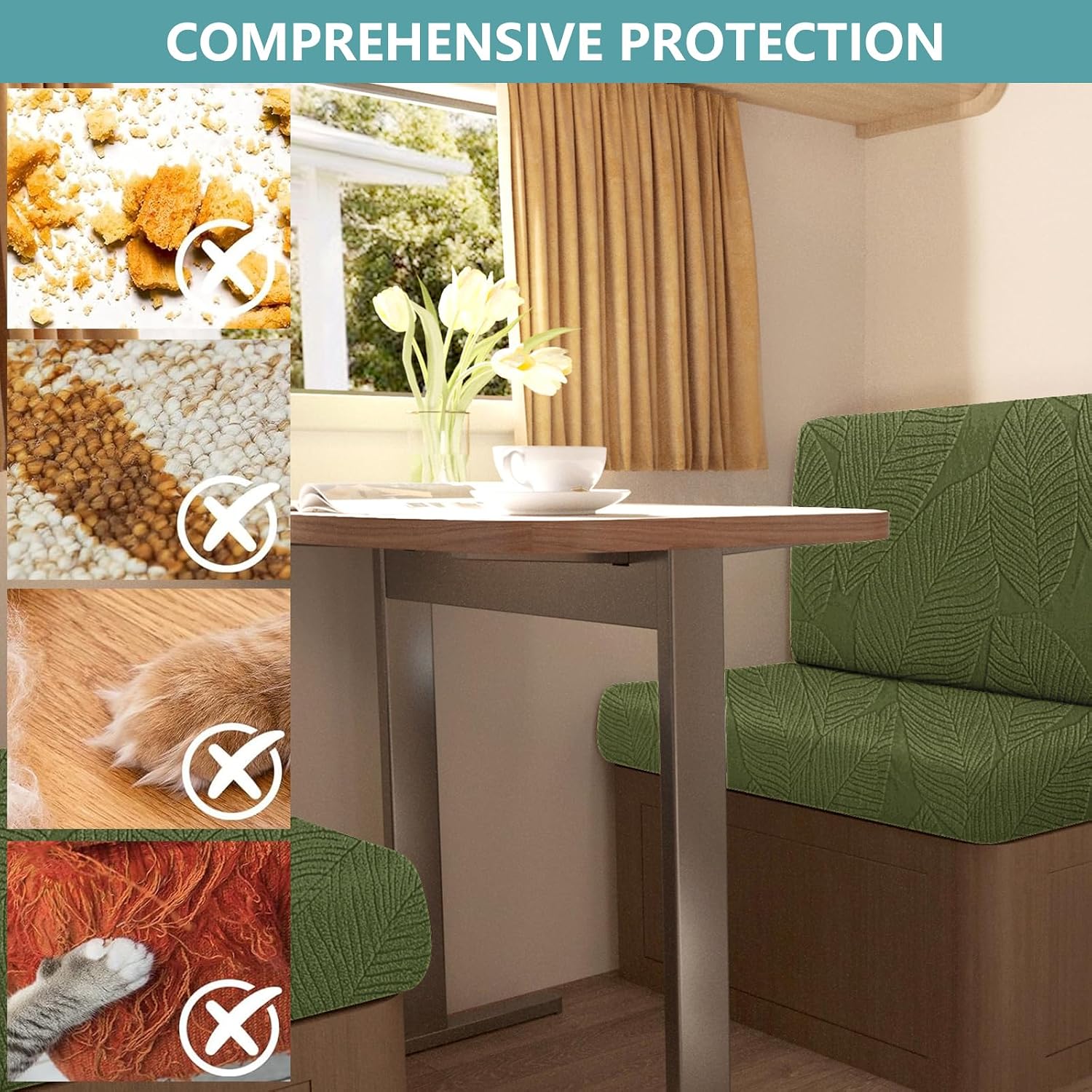Rv Dinette Cushion Covers Jacquard, Rv Dinette Seat Cover Set, Rv Camper Slipcovers, Rv Couch Covers for Dogs, Cats, Kids (Green,1 Backrest Cover & 1 Bench Cover)