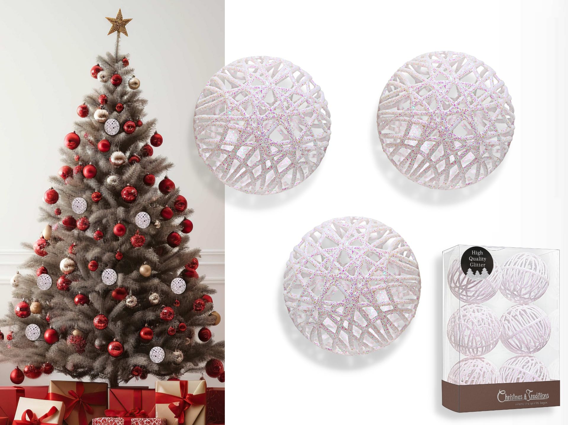 Christmas Traditions Adornos de bola de ratán blanco iridiscente con purpurina de 4 pulgadas (juego de 6) (blanco iridiscente), tamaño grande
