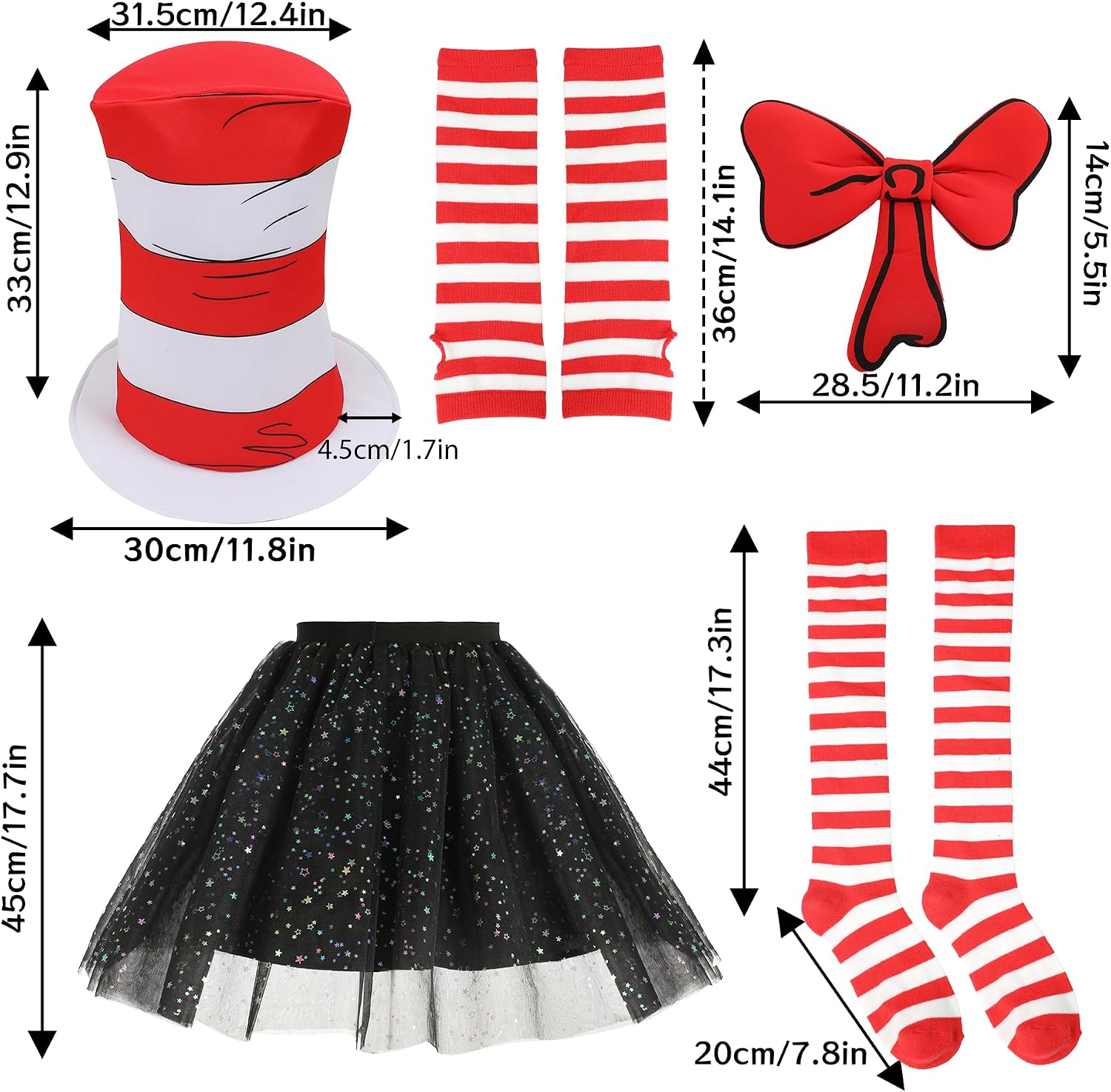 Webeasy Cat Costume Set for Kids and Adults, Include Red White Striped Top Hat, Bow Tie, Tutu Skirt, Socks and Gloves