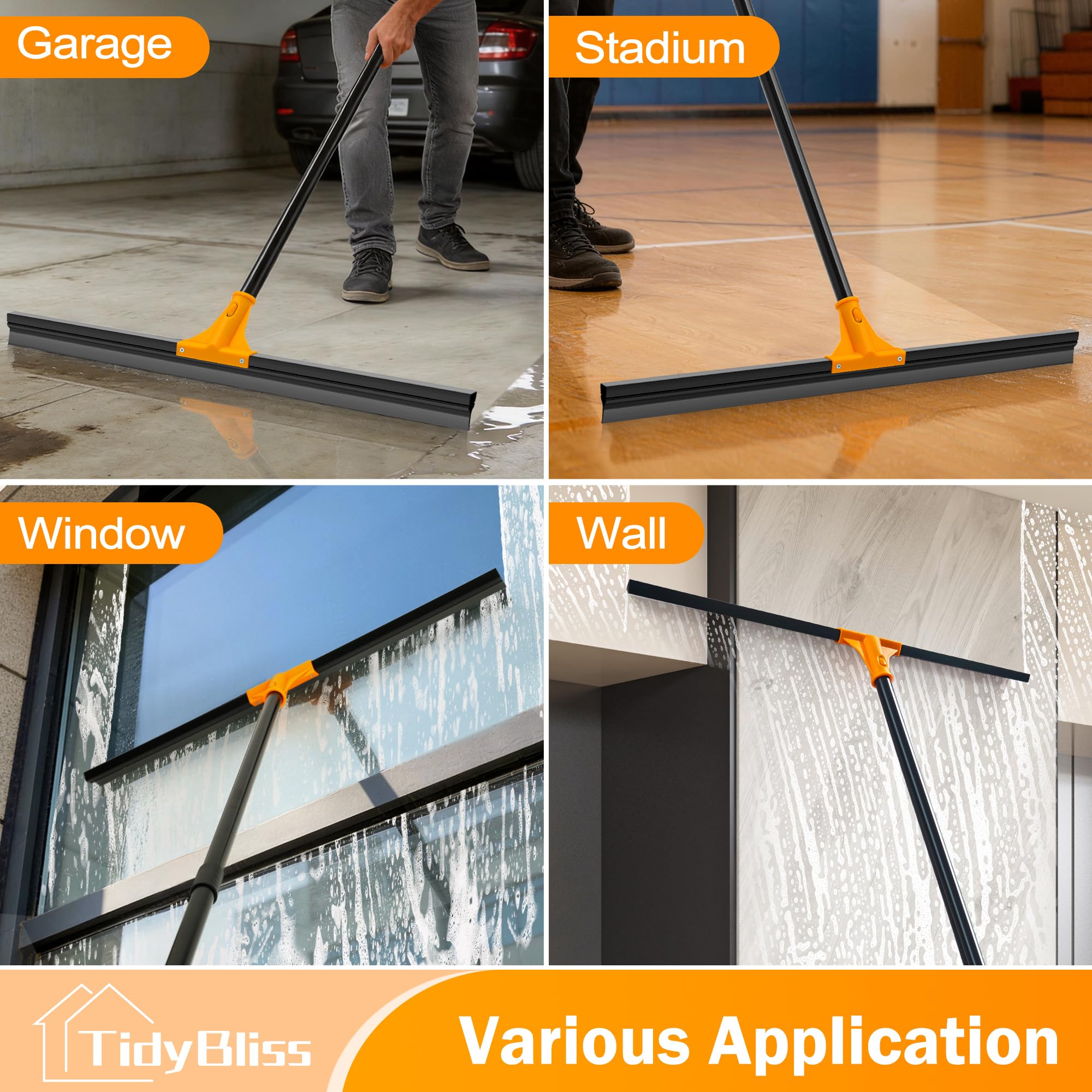 TidyBliss 76 cm Escoba de Goma para Suelo con Mango Adjustable 148 cm, Escobilla Caucho para Limpiar Ducha Azulejo Hormigón Baño Mármol Cristal Garaje Tienda Cubierta Ventana Patio Jardín (Naranja)