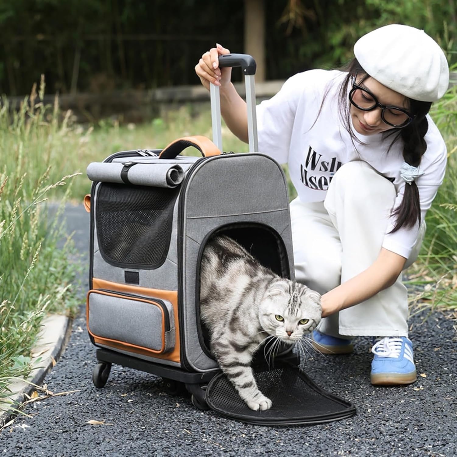 Bolso Carro Portamascotas con Ruedas, Mochila para Gato Perro Pequeño con Malla Transpirable, Trasportín Plegable para Senderismo Viaje Aeropuerto, Gris 152 cha, Grey