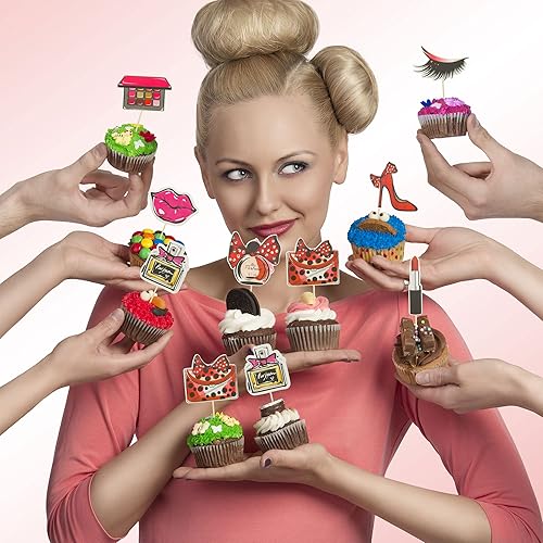 Miniatura 6 de Gyufise Paquete de 32 adornos de maquillaje para cupcakes con purpurina para cumpleaños, decoración de tartas para despedida de soltera, decoración