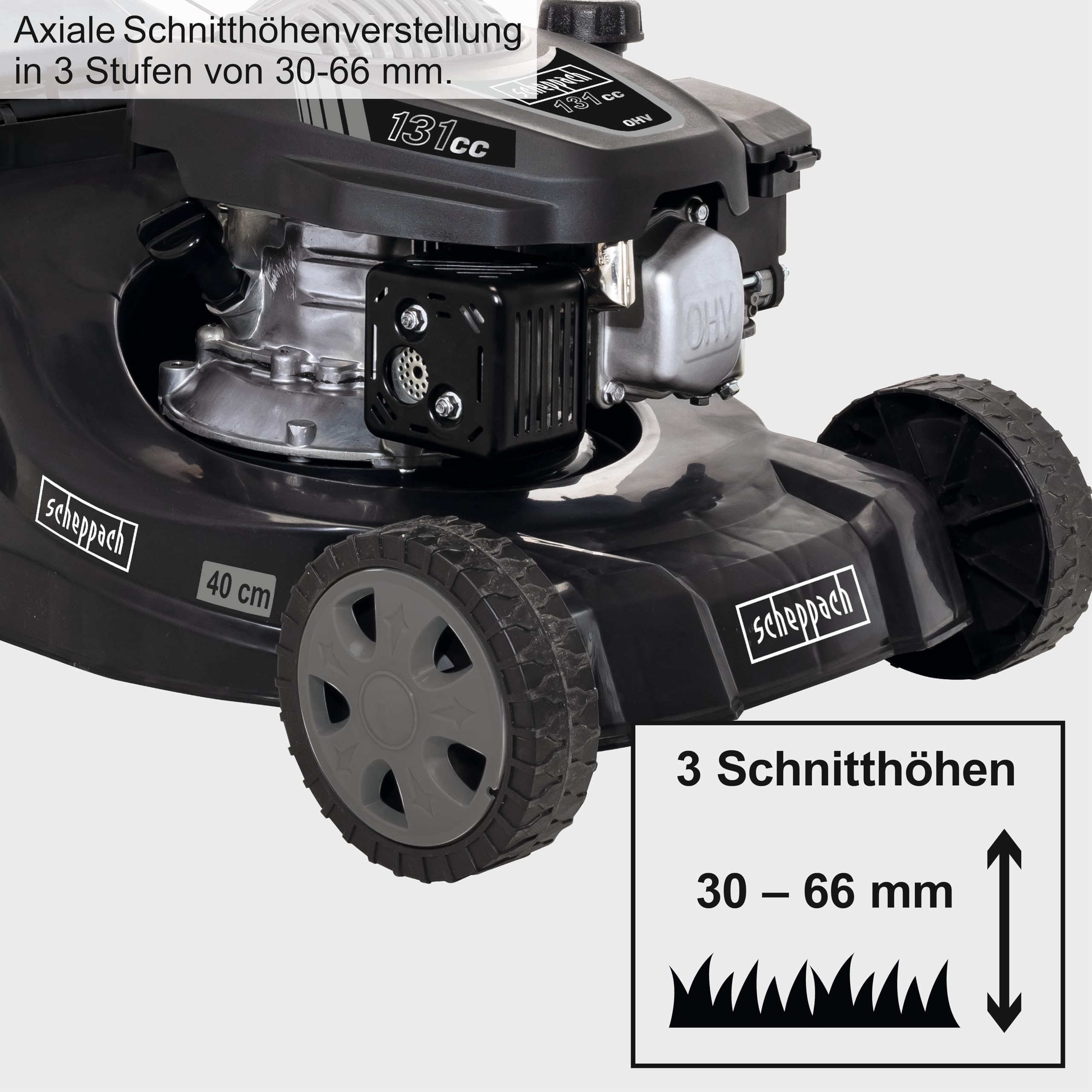Scheppach MP132-40B Benzin Rasenmäher Black Edition für Rasenflächen bis 600m² | Schnittbreite 40cm | Leistung 3,3PS | Schnitthöhenverstellung in 3 Stufen (30-66mm) | Fangbox 35L | Hubraum 131cm³