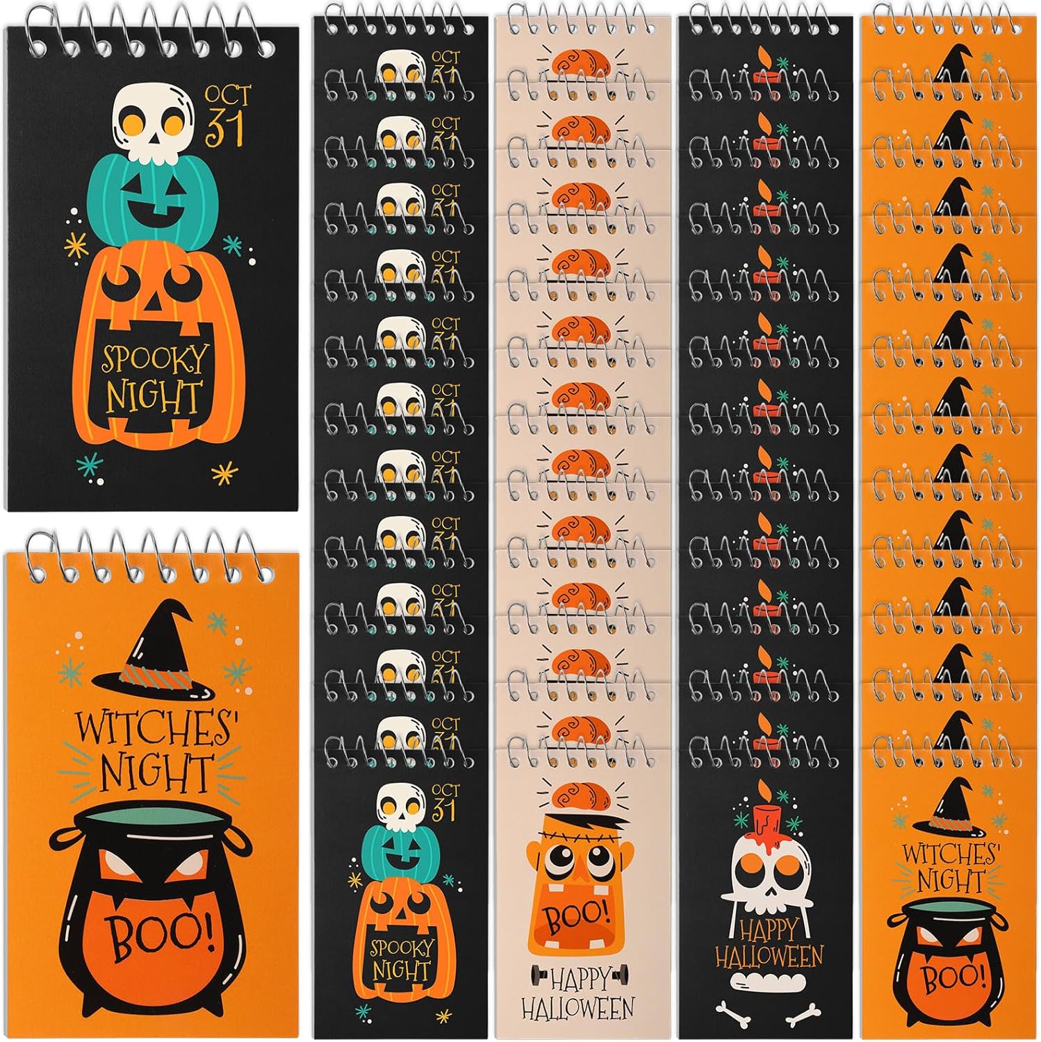 Teling 50 Pcs Spiral Halloween Notepad Bulk 75 Pages 3x5 Inch Small Halloween Notebooks Memo Pads Top Spiral Mini Note Pads Pumpkin Boo Pocket Lined Notebook for Office Party Favors Supplies