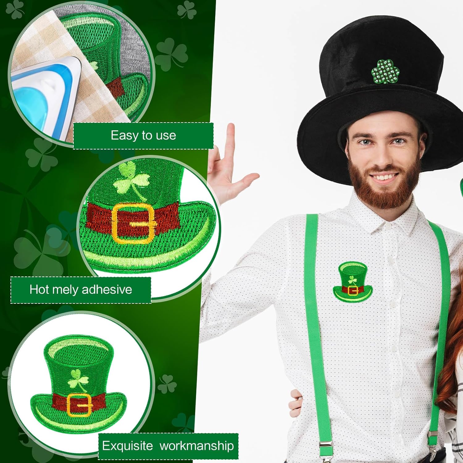 Hotop 48 Pcs St. Patrick's Day Theme Iron on Patches Irish Clover Applique Repair Patch Lucky Shamrock Sew on Patches Embroidered Patches for Jeans Jackets Clothes Backpack Cap DIY Crafts Sew Making - Image 4