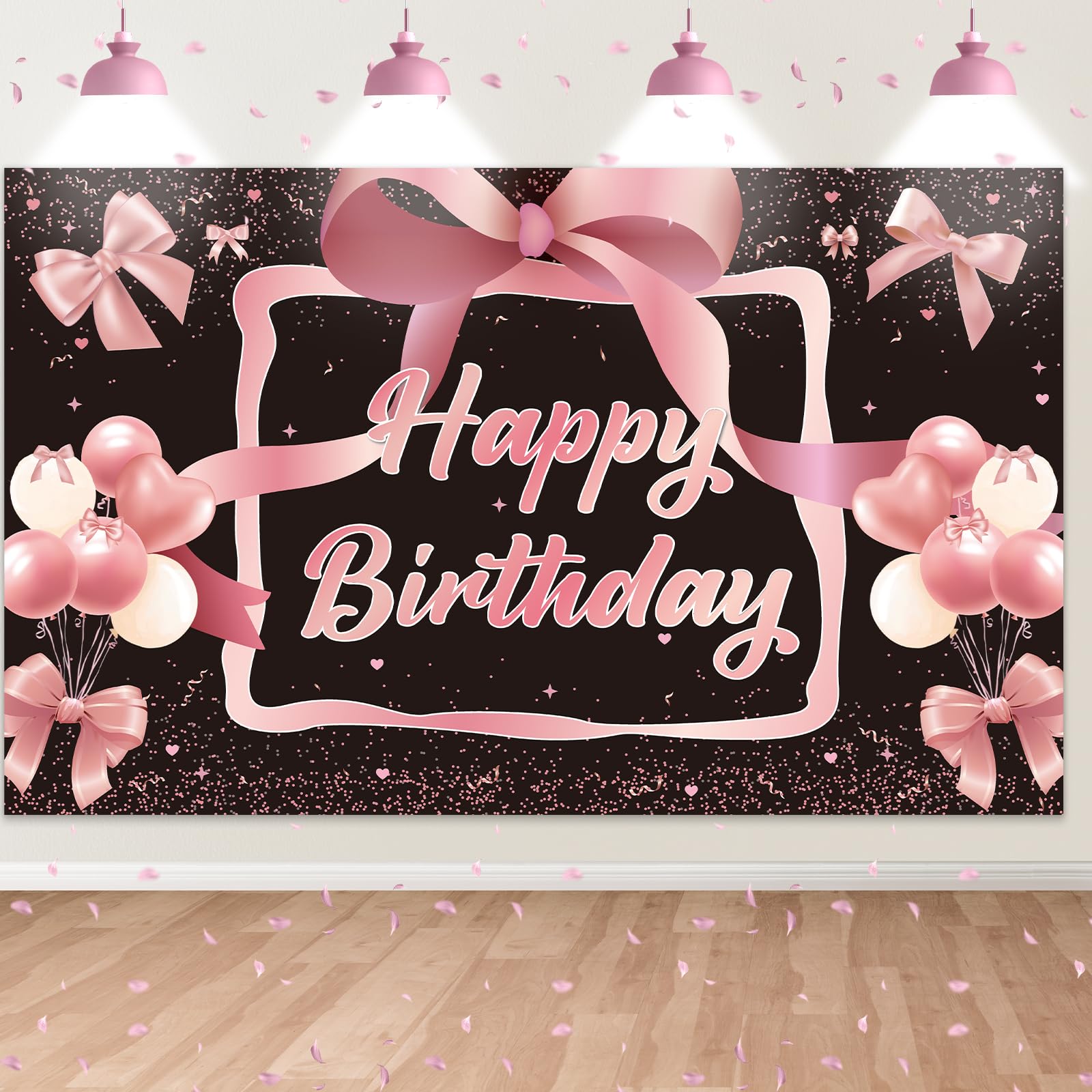 Black Rose Gold Bow Birthday Backdrop,Bow Happy Birthday Banner Decorations for Girls Women Party Decor