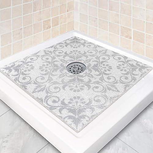 Alfombrilla de ducha cuadrada antideslizante 24 x 24 pulgadas con orificio de drenaje en el medio - Esponja de PVC antideslizante para ducha interior