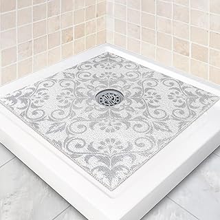 Square Shower Mat Non Slip: 24 x 24 Inch Shower Mats with Drain Hole in Middle - PVC Loofah Anti Slip Shower Floor Matt for Inside Shower