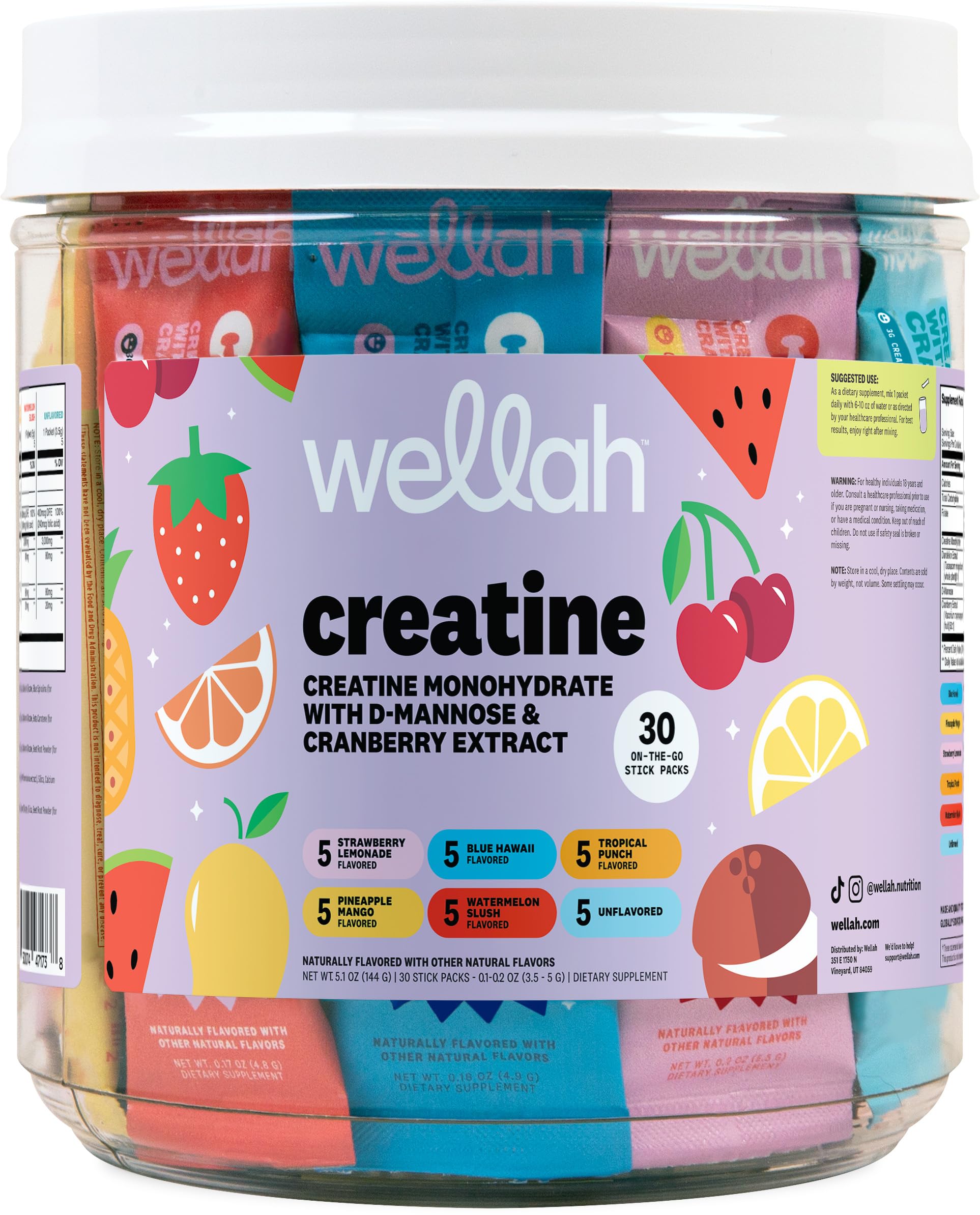 Wellah Creatine for Women (Variety Pack) 30 Stick Packs, 6 Flavors