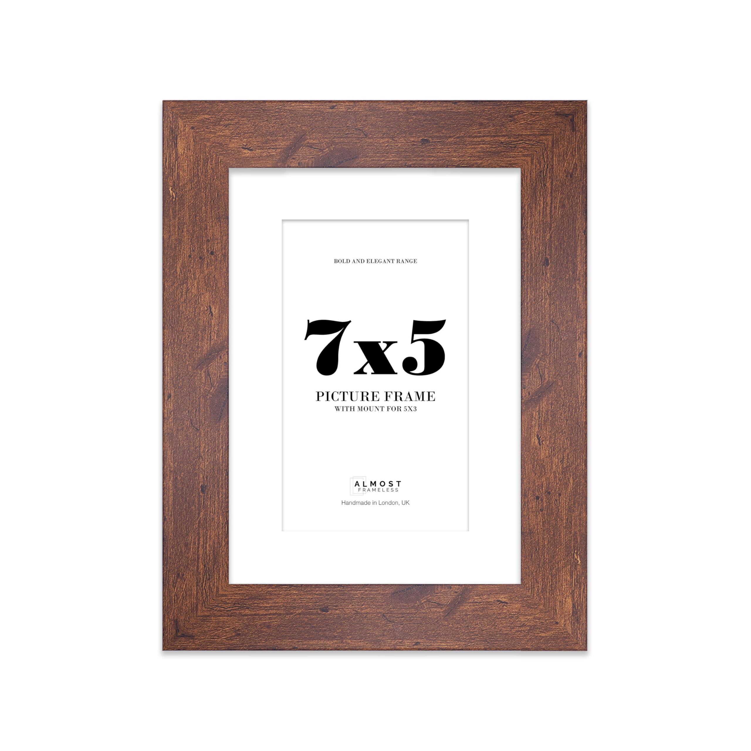 7x5 Rustic Wood Frame With Mount for 5x3 Pictures 28mm Edge Portrait and Landscape Display with Wall Hooks and Kickstand, 1 Pack