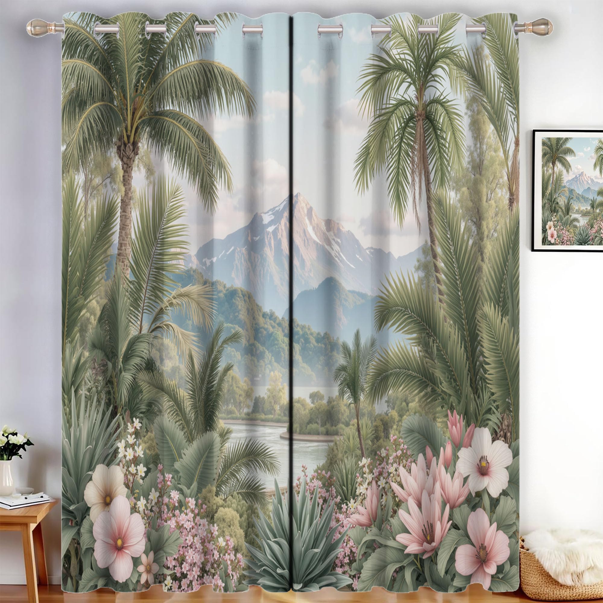 Dschungelpflanzen Verdunkelungsvorhänge Mit Ösen, Aquarell-Palme Vorhänge Blickdicht - H140 x B90 cm (2er Pack) Schlafzimmer Vorhänge Für Wohnzimmer, Salbeigrün