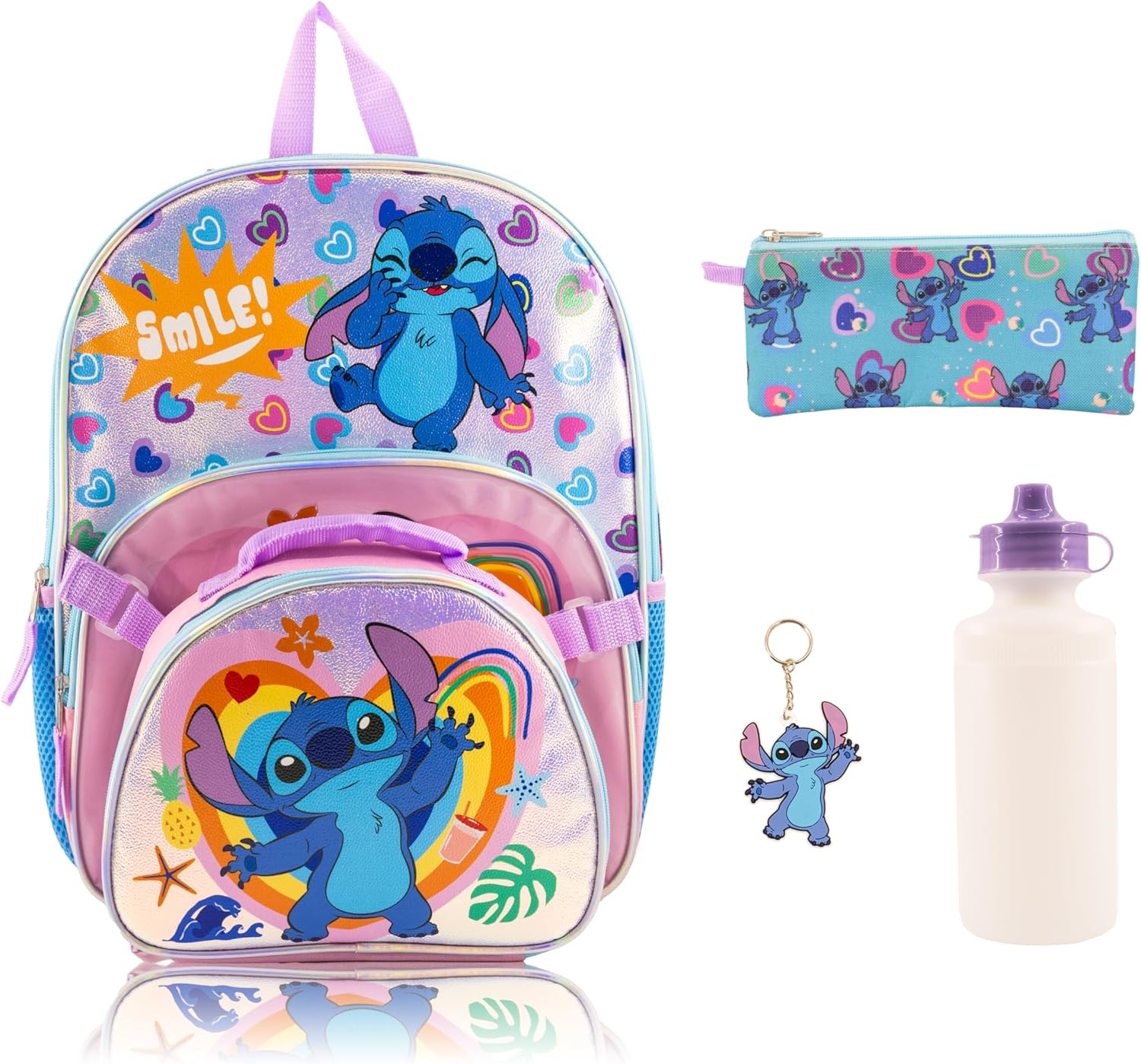 Disney Stitch 5-Piece Backpack Set For Kids | Disney Stitch Backpack with Lunchbox, Zip Case, Water Bottle & Keychain | Toddler Travel Bag, Lightweight Backpack For School | Ages 3+
