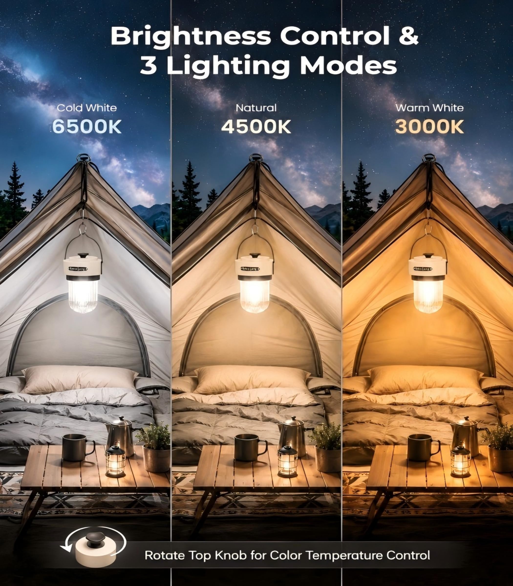 HOMY Linterna de camping recargable, linterna LED portátil de 1000 lm con 3 modos de luz de atenuación continua, IPX4 impermeable para camping, hogar, emergencia, pesca
