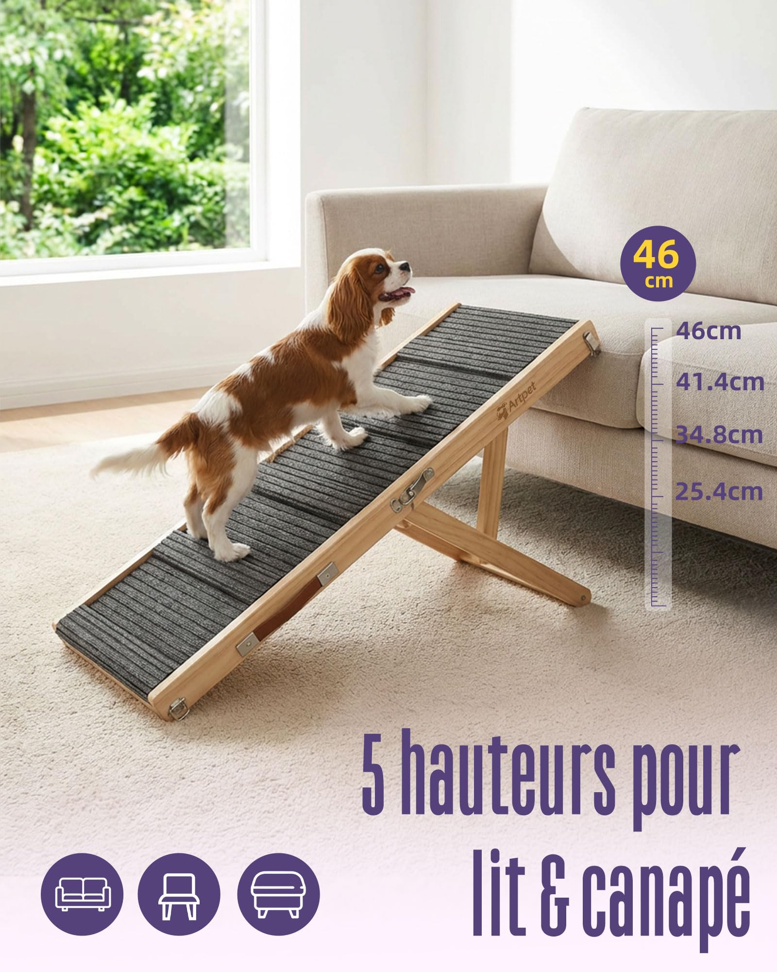 Rampe pour chien pour petits chiens pour canapé et lit, rampe pour le soin des articulations des Teckels, pliable, antidérapante, portable, hauteur réglable, supporte jusqu'à 15,9 kg