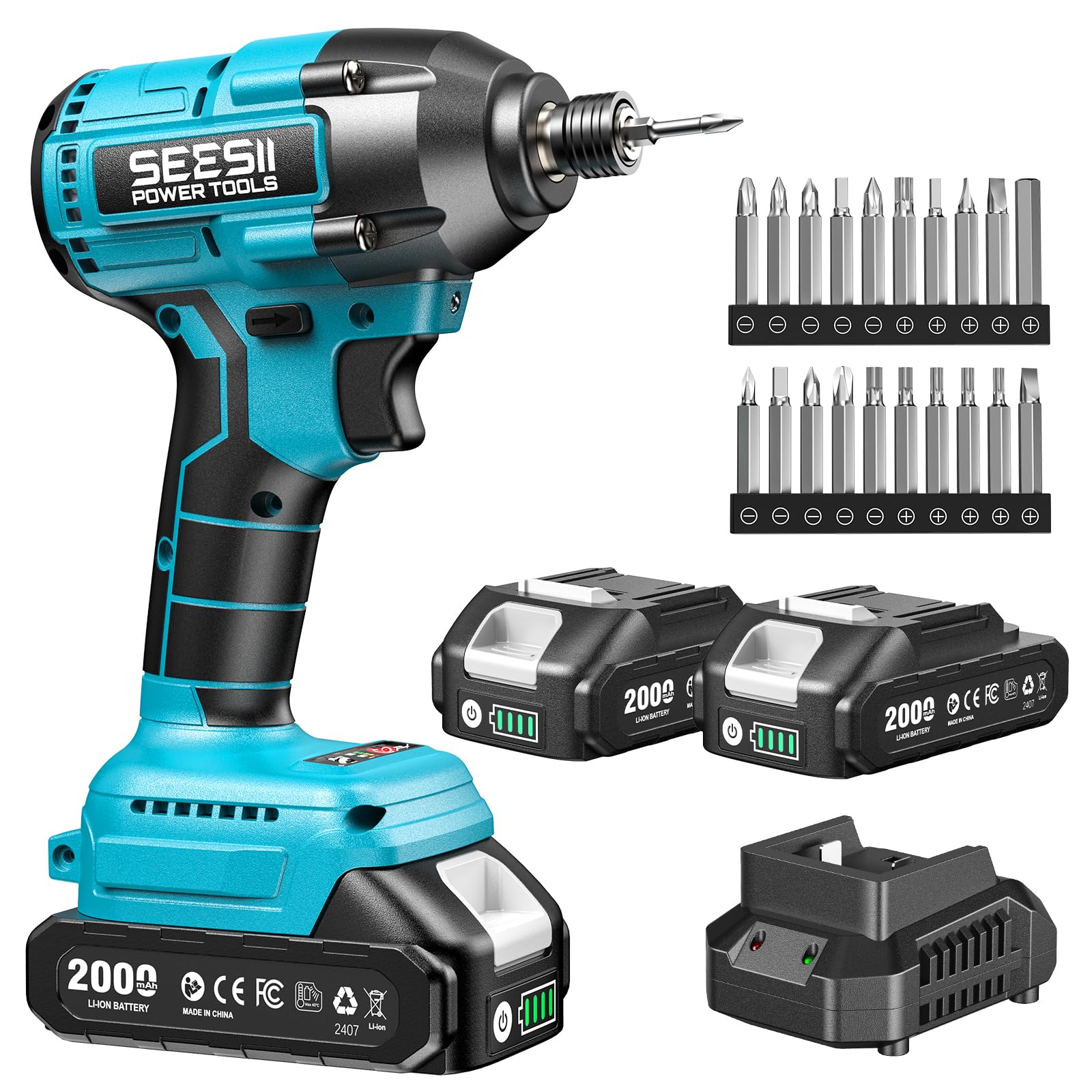 Seesii - Cordless Impact Driver Kit with Two 2.0Ah Batteries, 1/4" Hex Impact Drill, 0-2500RPM Variable Speed, 20 QH150 Bits
