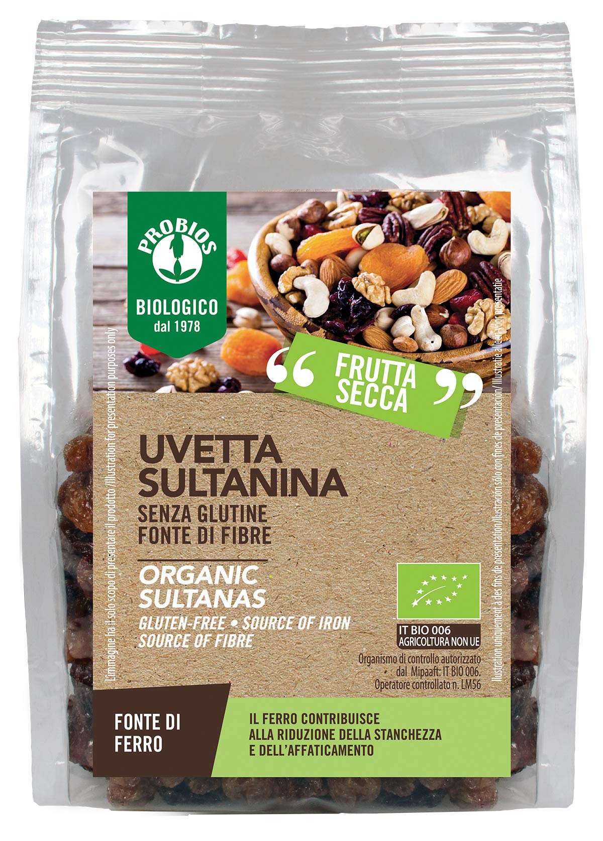 Probios Uvetta Sultanina Bio - Senza Glutine - Confezione da 6 x 250 g