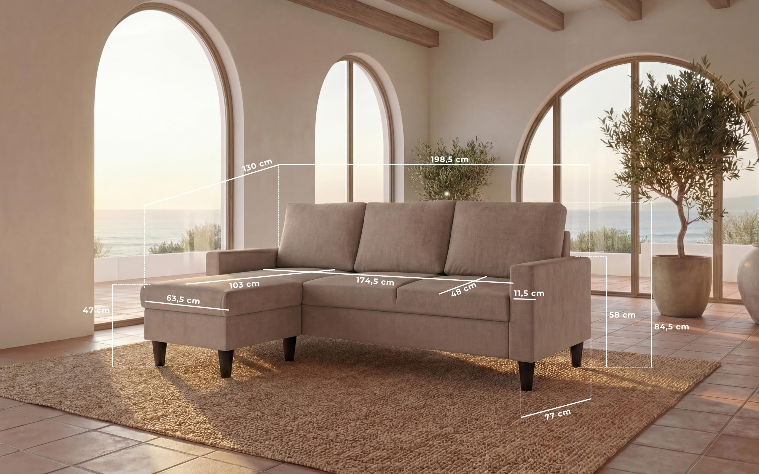 BUDWING Fox Sofá de Salón 3 Plazas - Chaise Longue Esquinero Reversible Izquierda o Derecha – Tapizado en Tela – Taupe