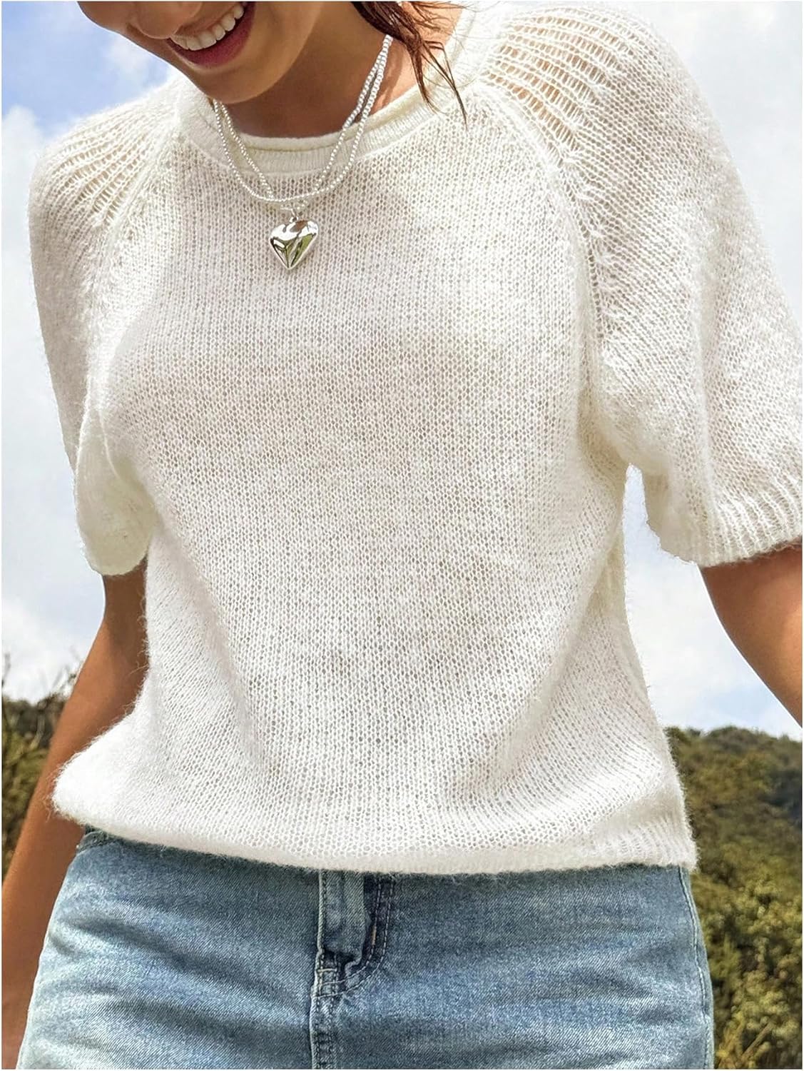 Floerns Women's Cute Short Sleeve Knitted Sweater Crew Neck Fuzzy Pullover Tops - Image 4