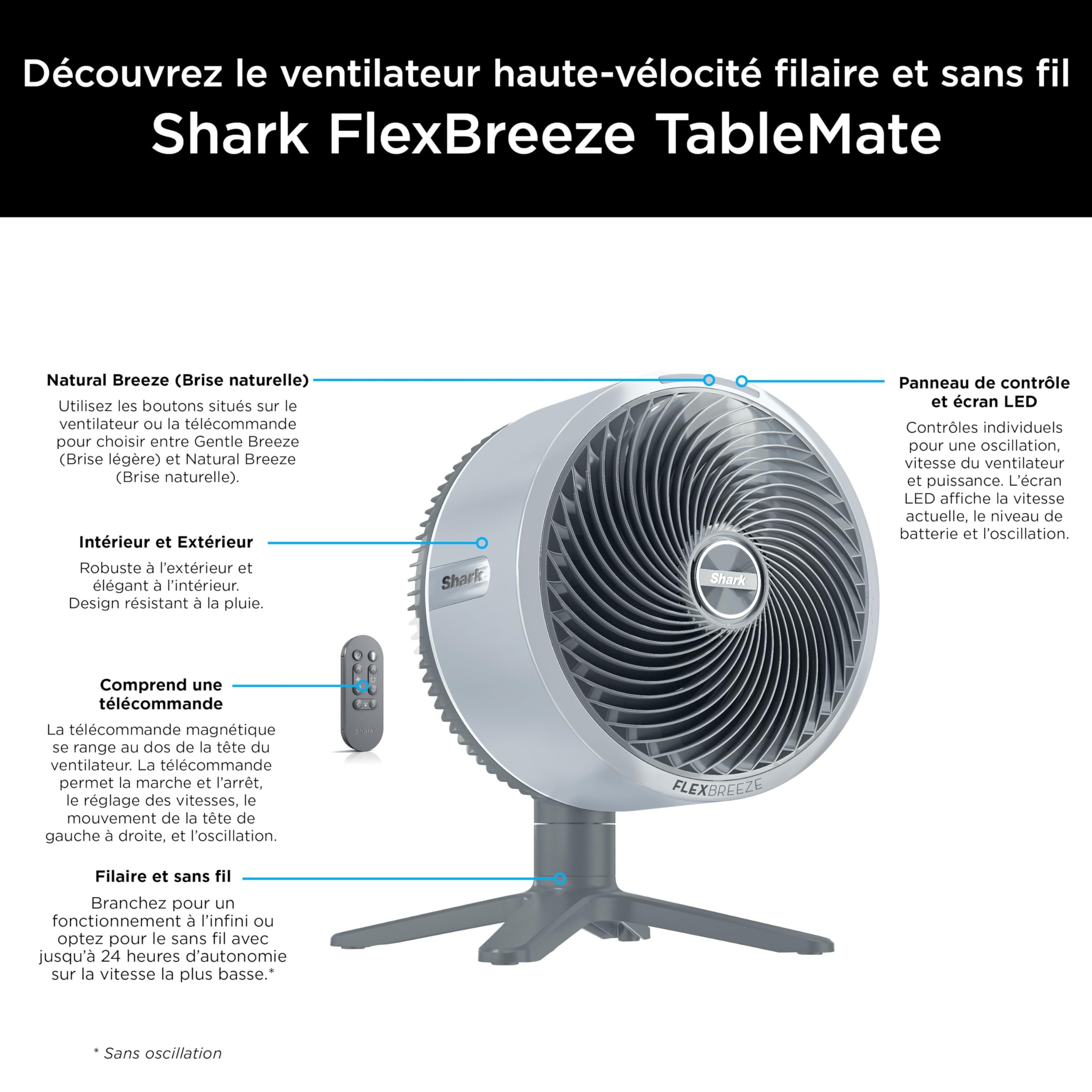 Shark FlexBreeze TableMate Ventilateur intérieur/extérieur sans fil, autonomie 24 h, refroidissement puissant, portée 20 m, ventilateur silencieux, 5 vitesses, télécommande, gris brume, FA150EU