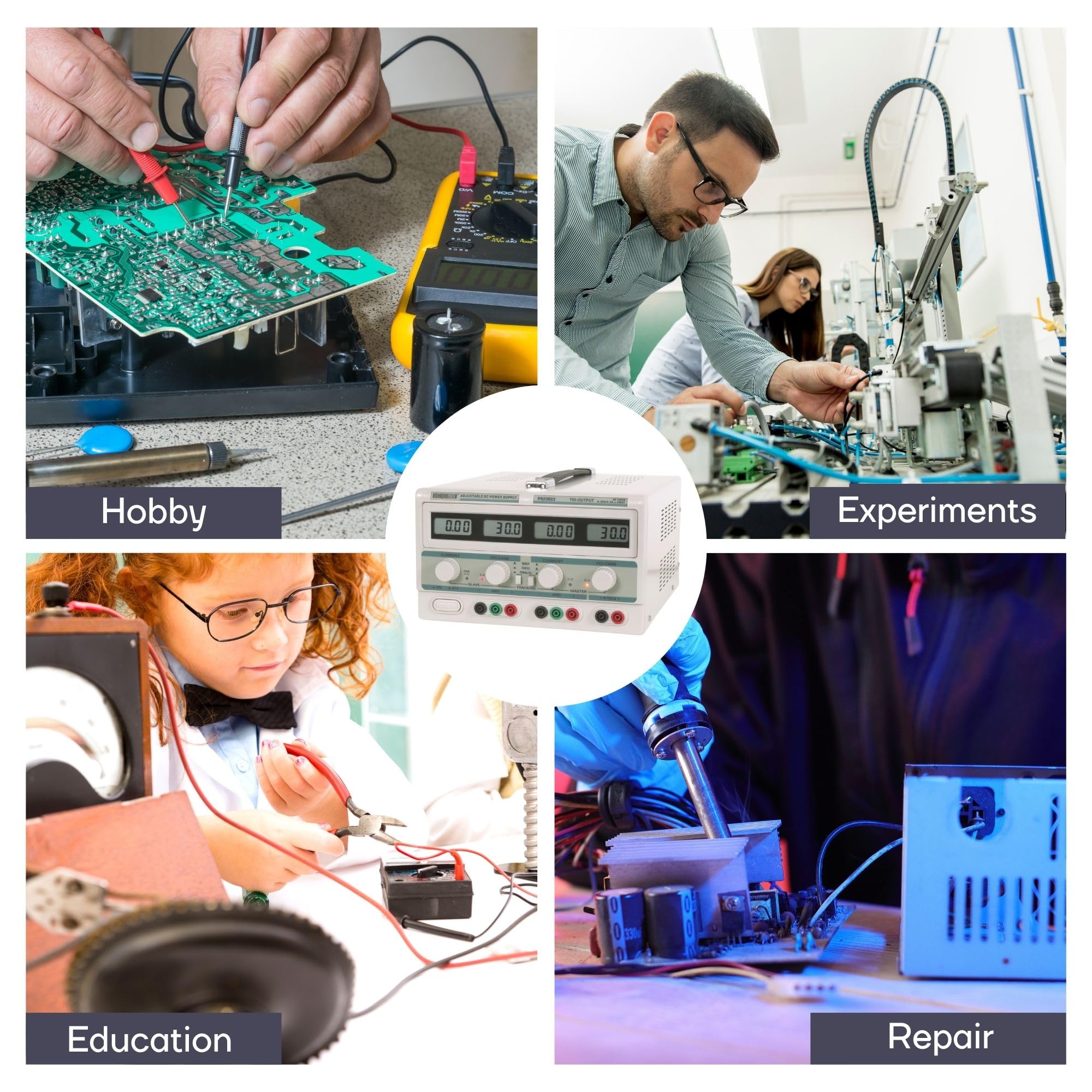 Velleman Zasilacz Lab, regulowany, 2 x 0-30 VDC/0-3 A, + 5 VDC stały/3 A, ograniczenie prądu, zabezpieczenie przeciwzwarciowe, wyświetlacz LCD 4, szary