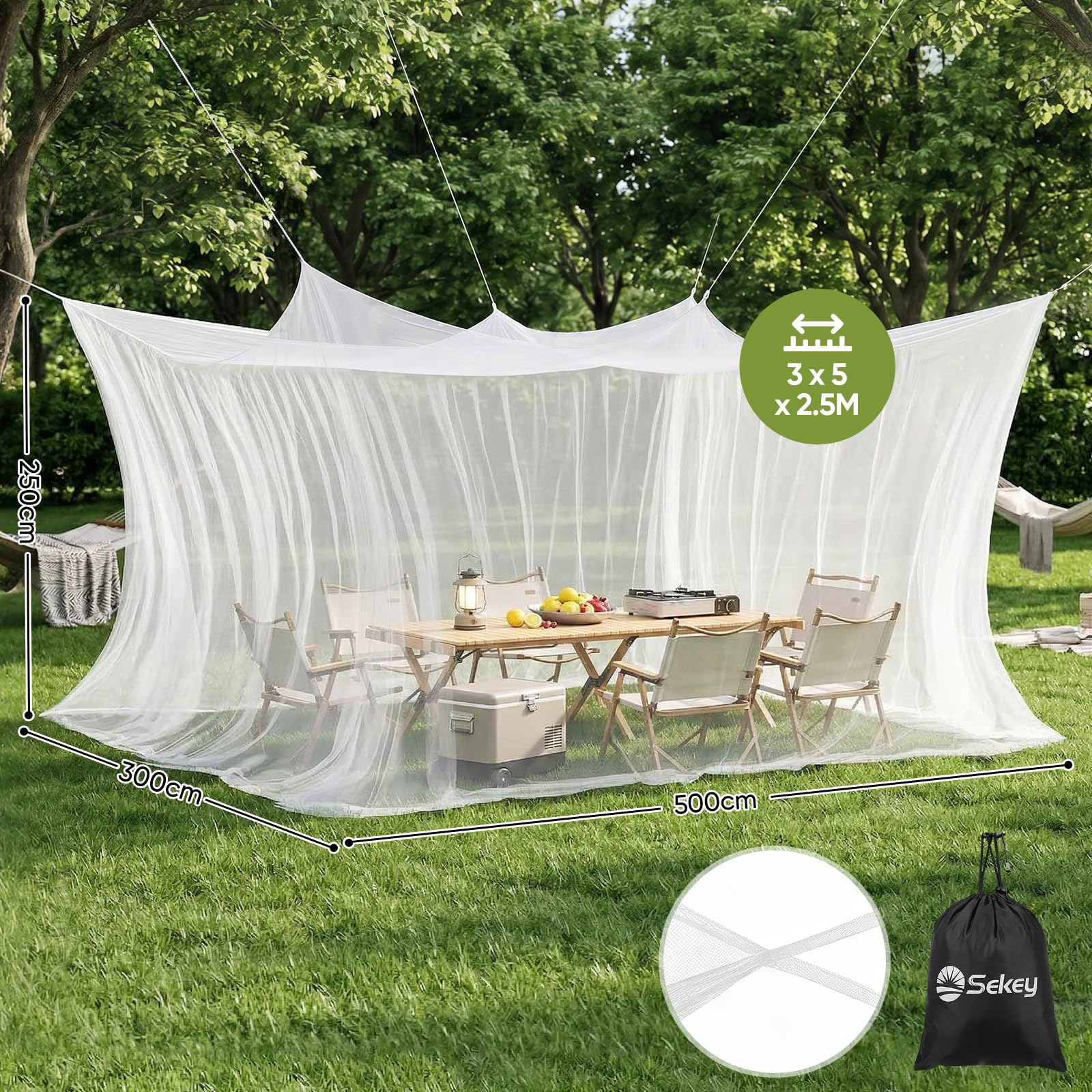 Sekey XXL Zanzariera da Viaggio, Zanzariera Matrimoniale 300 x 500 x 250 cm, Tenda da Campeggio Portatile Chiusa 220 Maglie, Protezione Dagli Insetti per Uso Esterno, Terrazza, Gazebo, Bianco