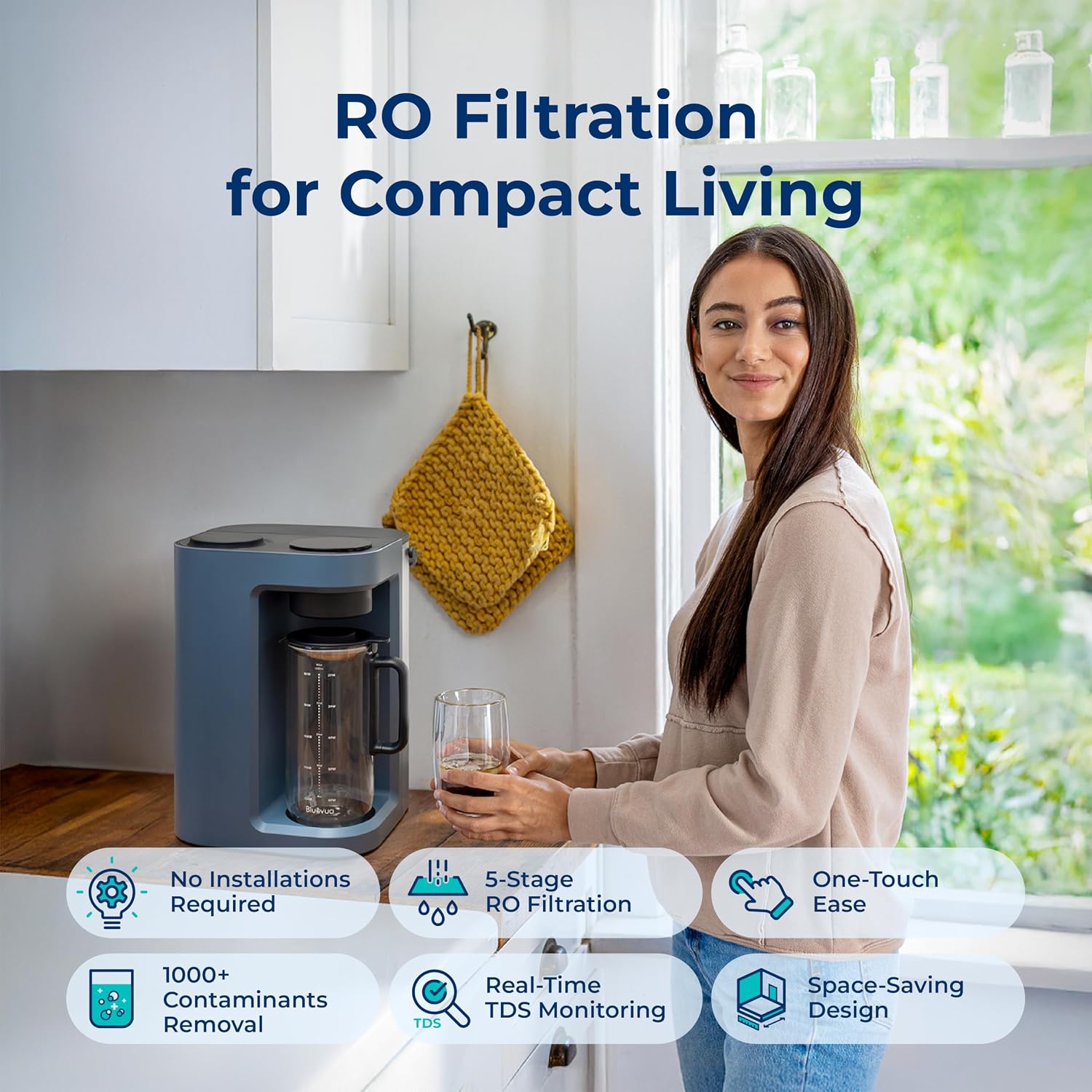 Bluevua RO100ROPOT-Lite Countertop Reverse Osmosis Water Filter in a kitchen setting, highlighting features like no installation, 5-stage RO filtration, real-time TDS monitoring, and space-saving design.