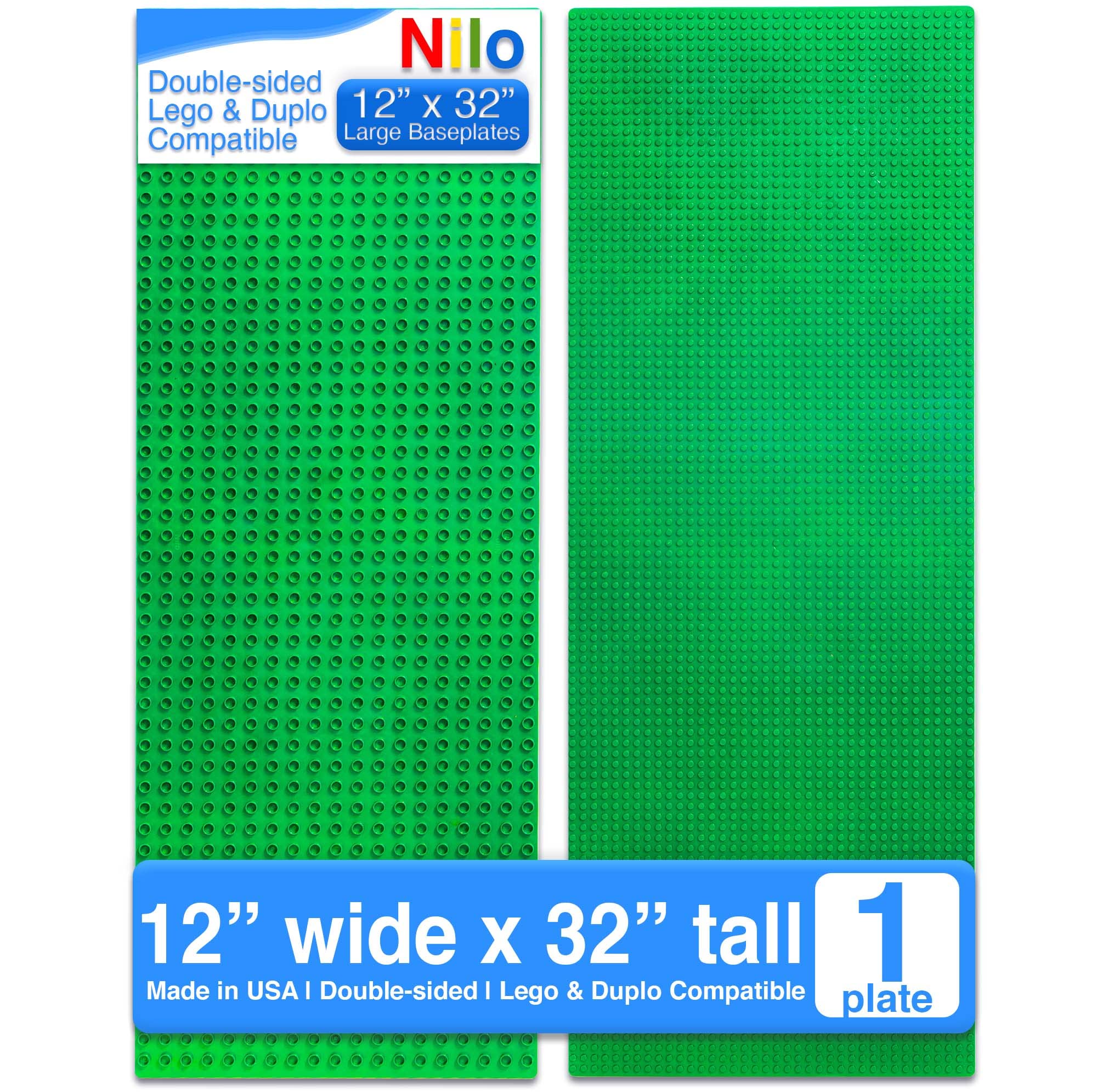 NILO Classic Green Baseplate, 1-Pack 12"x32" Double-Sided, Large Building Plates for Building Bricks 100% Compatible with All Major Brands