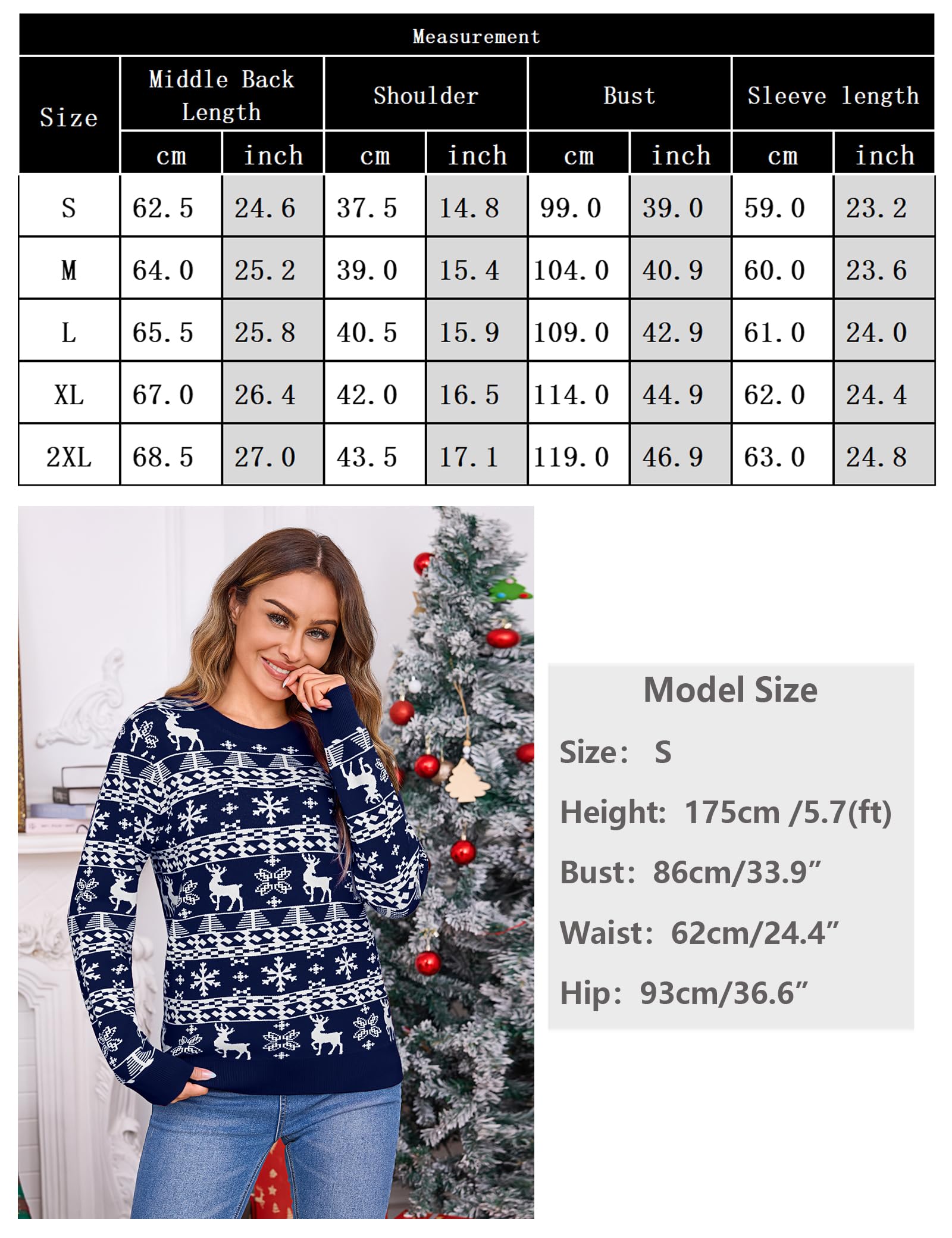 Litherday Sweter bożonarodzeniowy damski na Boże Narodzenie, sweter z dzianiny, okrągły dekolt, długi rękaw, renifery, płatki śniegu, miękki sweter, Boże Narodzenie, zima