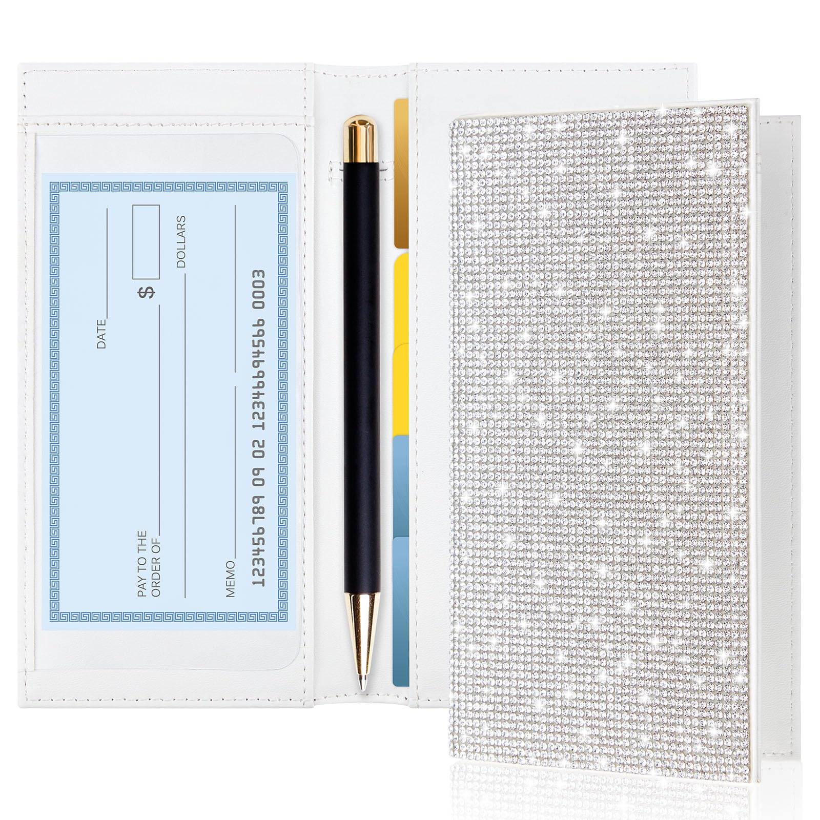 Rhinestone Checkbook Cover for Women, Rfid Blocking PU Wallet White