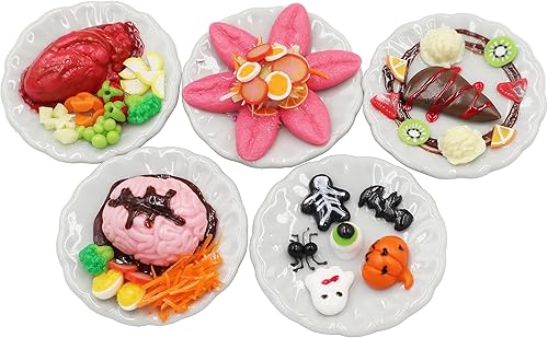 Juego de 5 piezas de comida en miniatura de Halloween en plato de cerámica para casa de muñecas de Halloween, alimentos en miniatura para el hogar,