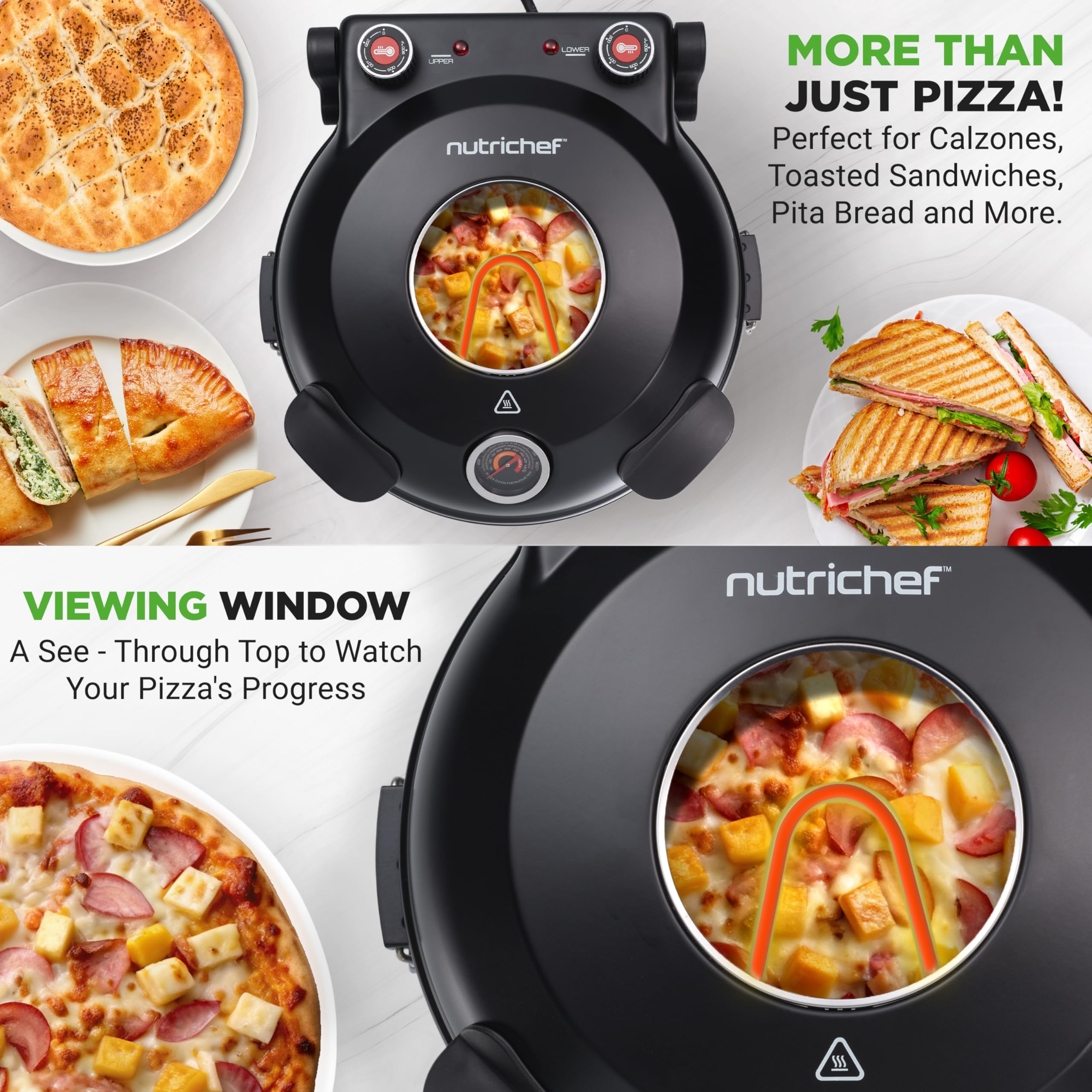 NutriChef Piekarnik elektryczny do pizzy 12” | Maker do pizzy na blat z kontrolą temperatury | Okno pieczenia | Podgrzewa do 800°F | Kamień nieprzywierający, łatwy do czyszczenia | Czarny